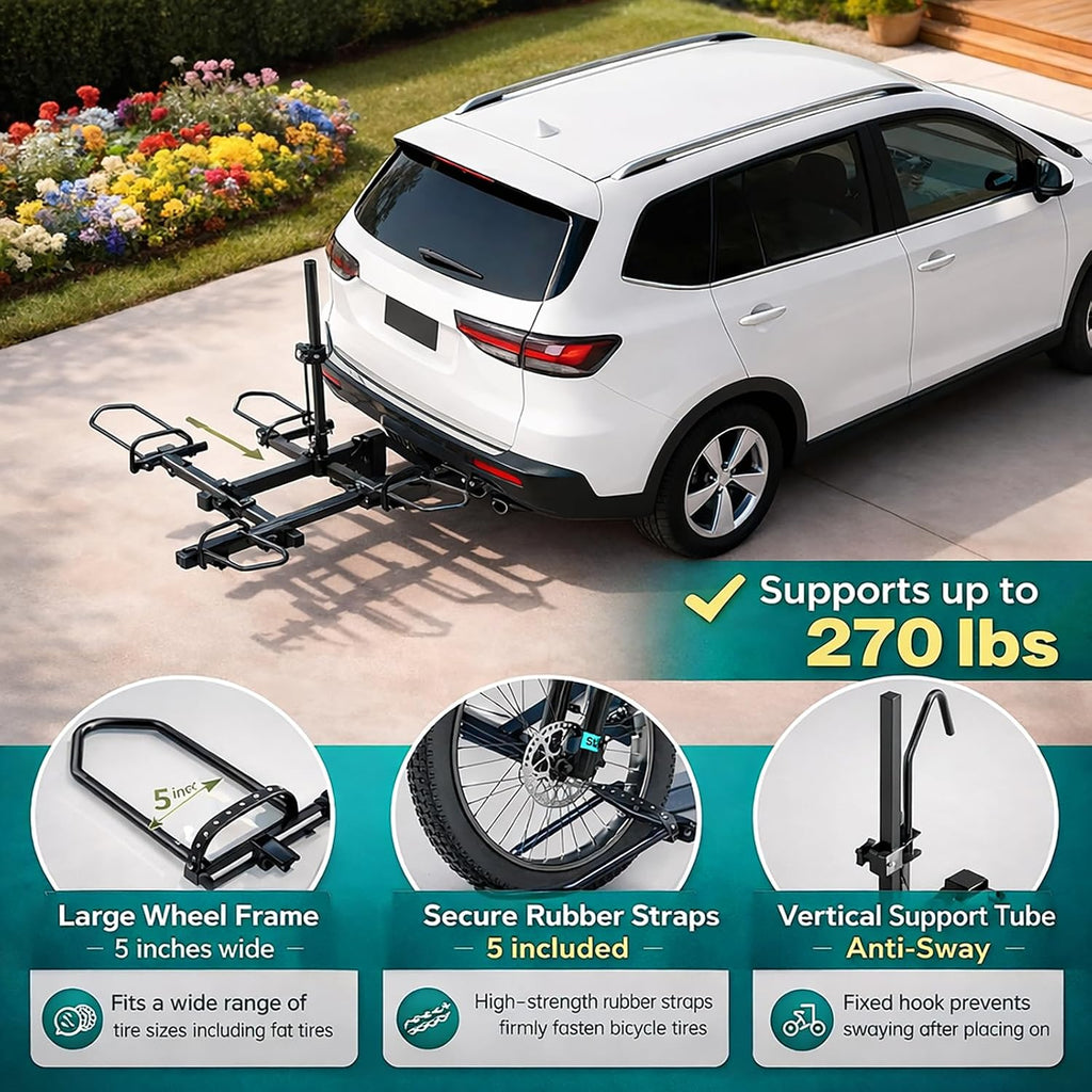 MOPHOTO Heavy-Duty Folding Trike Rack for Adult Tricycles Bicycles, Bike Hitch Mount Rack, 270 lbs Load, Fits 5' Fat Tires, 43'–59' Wheelbase, Rear Carrier with 2' Receiver for Cars, Trucks, SUVs, RVs