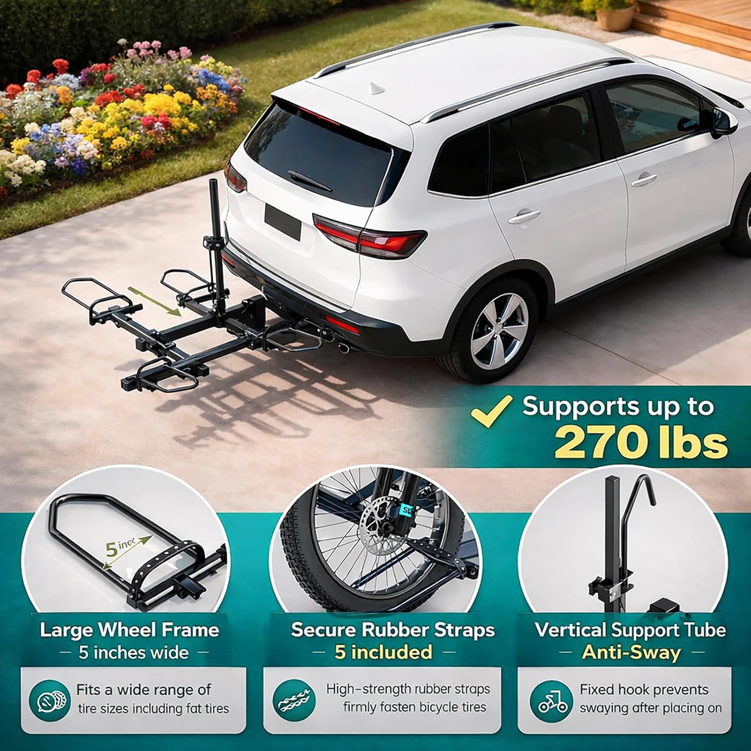 MOPHOTO Heavy-Duty Folding Trike Rack for Adult Tricycles Bicycles, Bike Hitch Mount Rack, 270 lbs Load, Fits 5' Fat Tires, 43'–59' Wheelbase, Rear Carrier with 2' Receiver for Cars, Trucks, SUVs, RVs