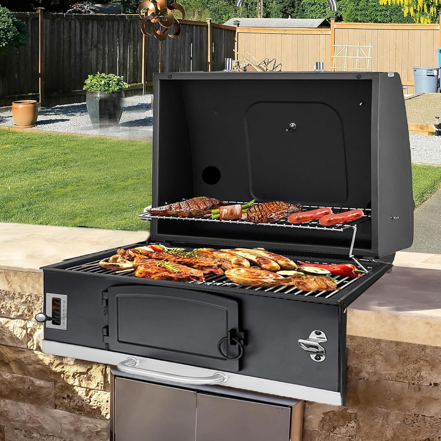 Built In Grill, 29-Inch Oversize Cooking Area Charcoal Grill, Electric rotating grill fork and Height-adjustable Charcoal Trays Outdoor Kitchen,Perfect for Outdoor Patio (Charcoal barbecue grill kit)