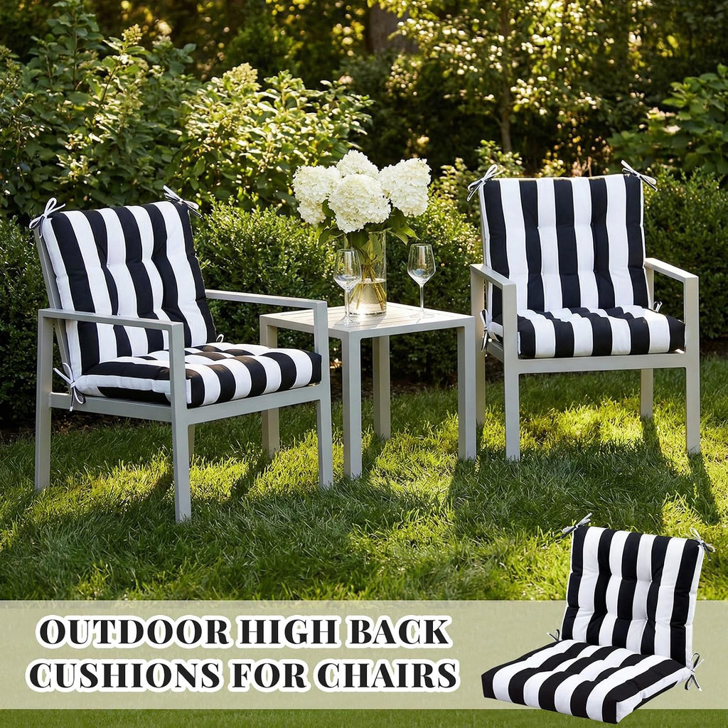 Marsui 4 Pcs Outdoor Indoor High Back Chair Cushions Patio Furniture Tufted Pillow with Ties Water-Resistant Replacement Outdoor Rocking Chair Cushions, 42 x 21 Inches (Black White,Stripe)