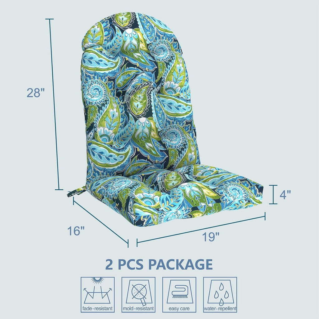 LVTXIII 2 Pack Outdoor Adirondack Chair Cushions, 44x19x4 Inch Water Repellent Patio Cushions for Rocking Chairs, Thick Tufted High Back Seat Cushion Set, Paisley Lapis Green