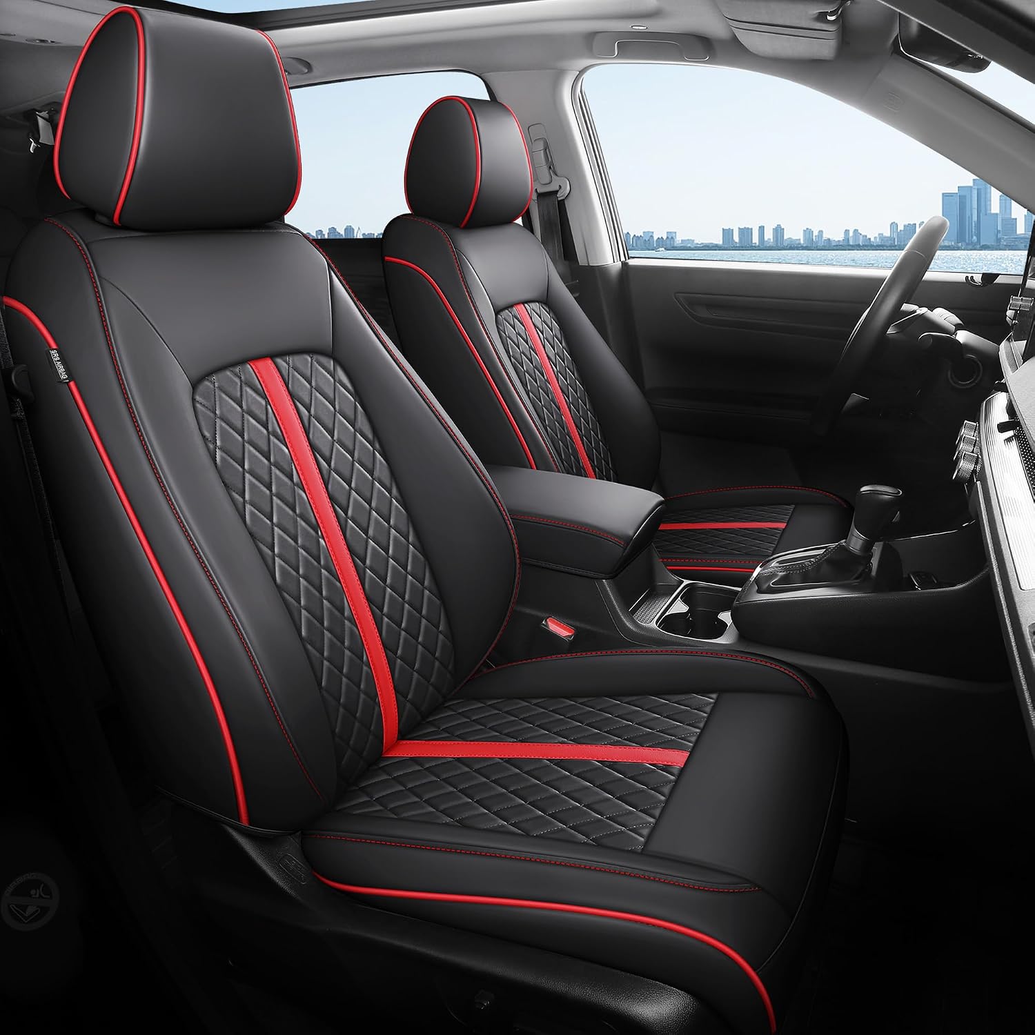 for Honda HRV Seat Covers 2016-2018 EX EX-L & 2016-2022 LX, Custom Fit Car Seat Cover Full Set, Luxury Leather HR-V Seat Protectors, Waterproof SUV Cushions Accessories, Black with Red Trim