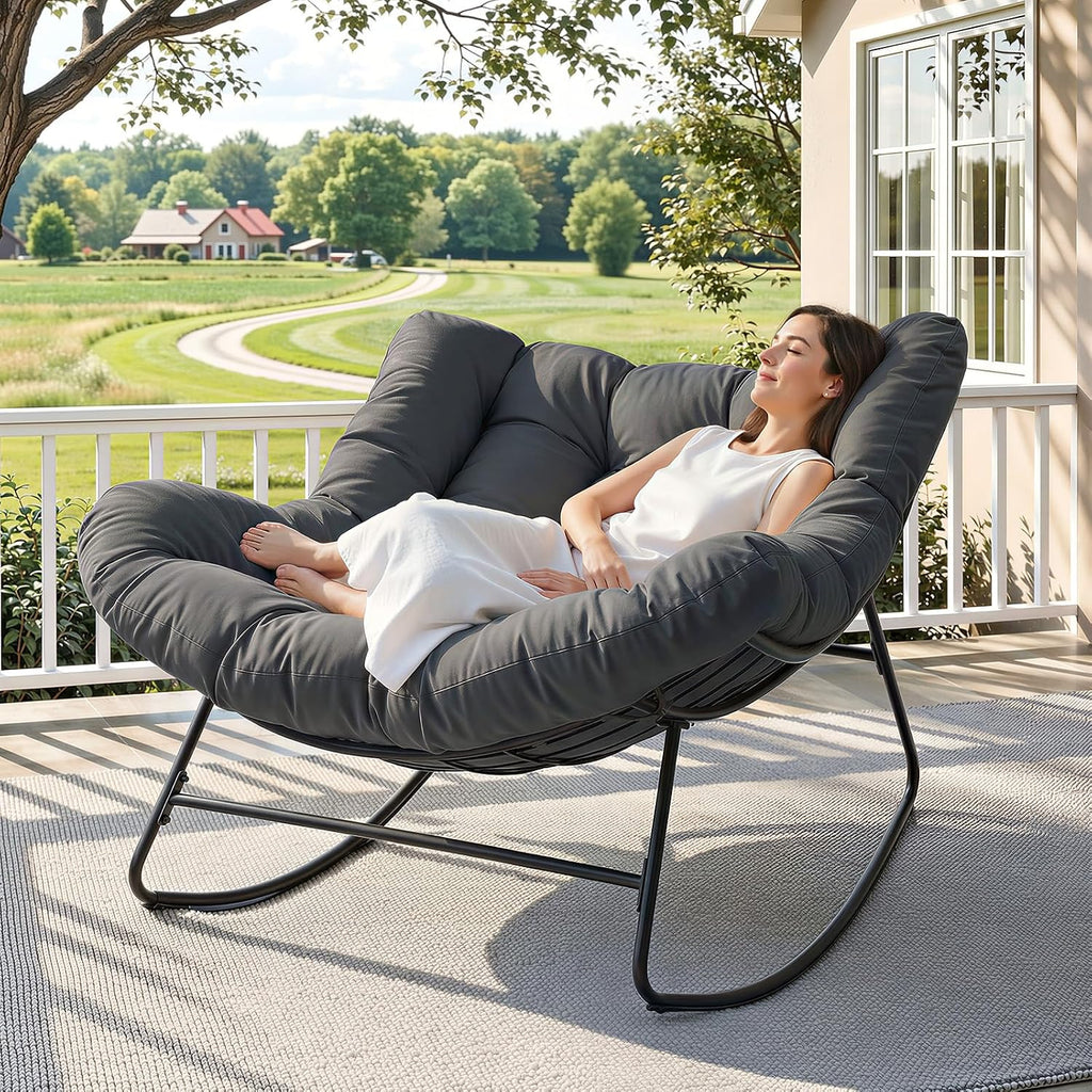 Outdoor Papasan Rocking Chair, 450 lbs Oversized Comfy Patio Chair with Thickened Cushion, Indoor Egg Rocking Lounge Chairs, Rocker Chairs for Patio Porch Garden Living Room Bedroom, Dark Gray