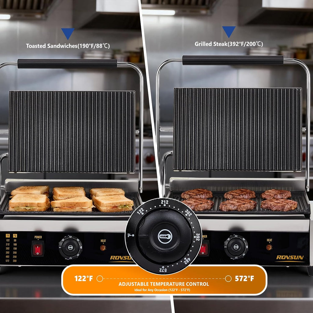 ROVSUN 811E Commercial Panini Press Grill, 2200W Stainless Steel Electric Countertop Sandwich Maker with Adjustable Temp 122°F–572°F, For Steak, Burgers, Home & Restaurant Use, 110V, Silver