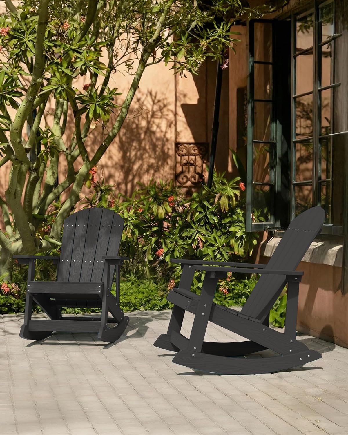YEFU Outdoor Rocking Chair Set of 2,Adirondack Rocking Chair,Patio Rocker Chair with Wide Back,Oversized Rocker Chair Look Like Real Wood, for Lawn, Porch, Backyard, Indoor and Garden(Black)