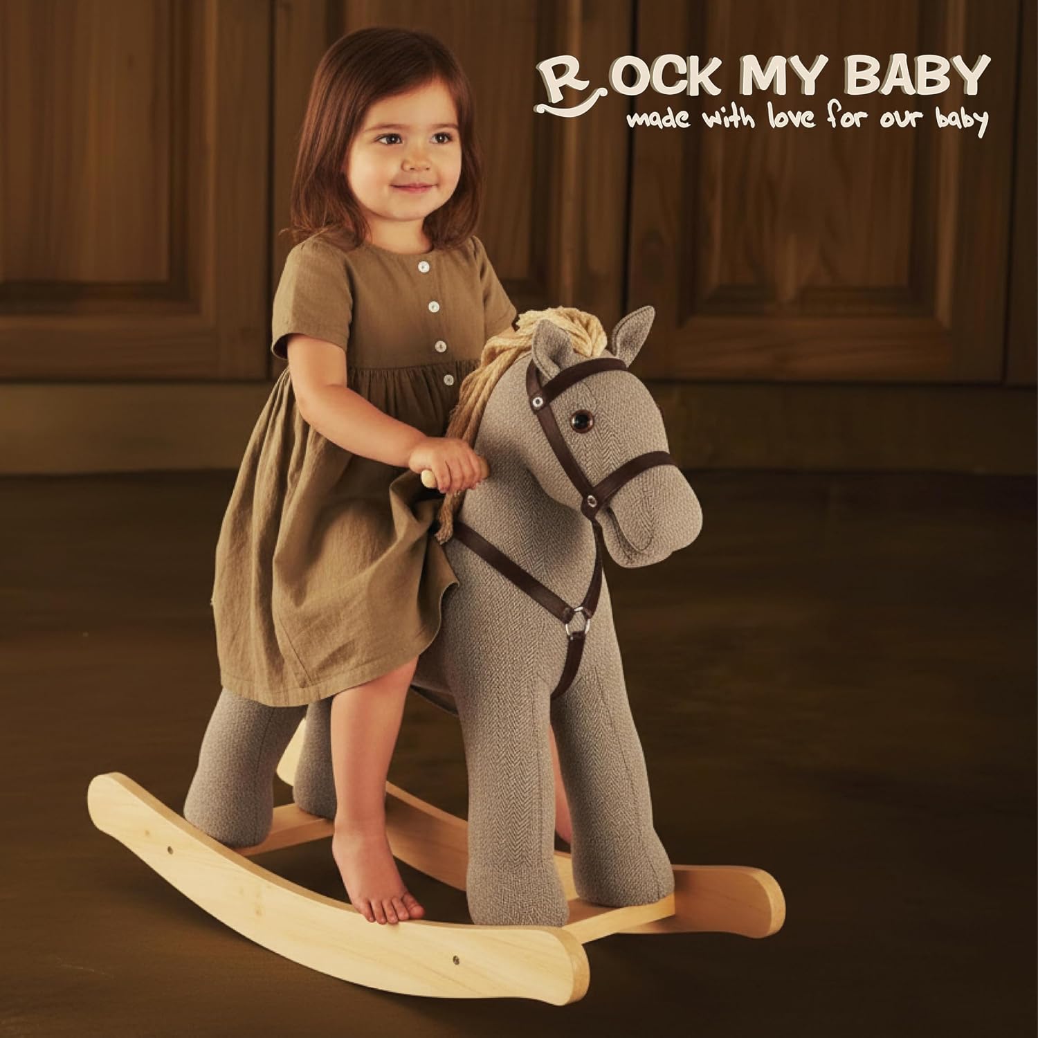 Rock My Baby Rocking Horse, Gray Wooden Rocking Toy, Rocking Animals for Children 2-6 Years Old, Ride on Pony with Realistic Sound, CPC Certified