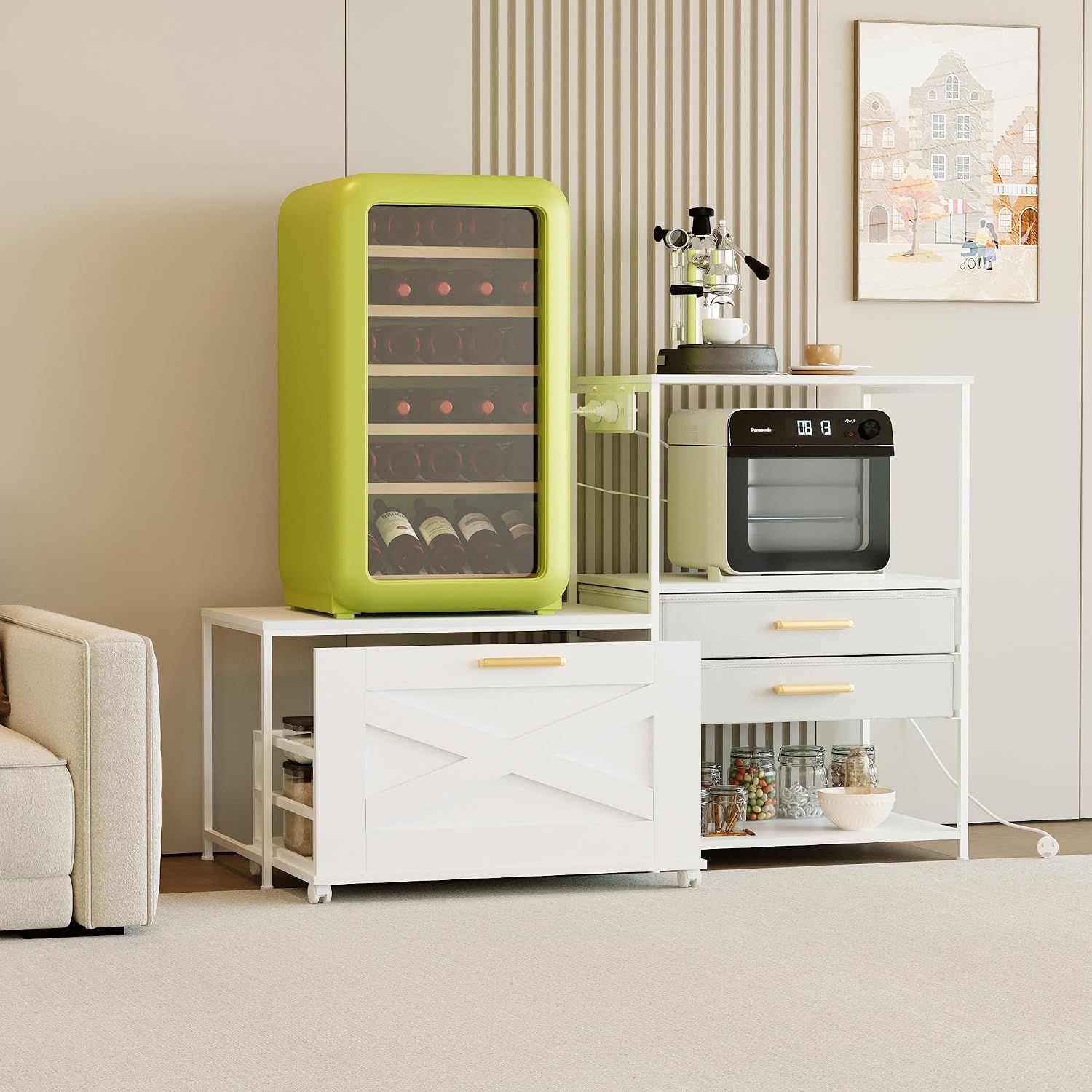 Mini Fridge Stand with Storage Drawers, Farmhouse Mini Fridge and Microwave Stand with Power Outlet & Cabinet, Kitchen Bakers Rack with Storage Shelf and for Home Dorm Office Bar, White