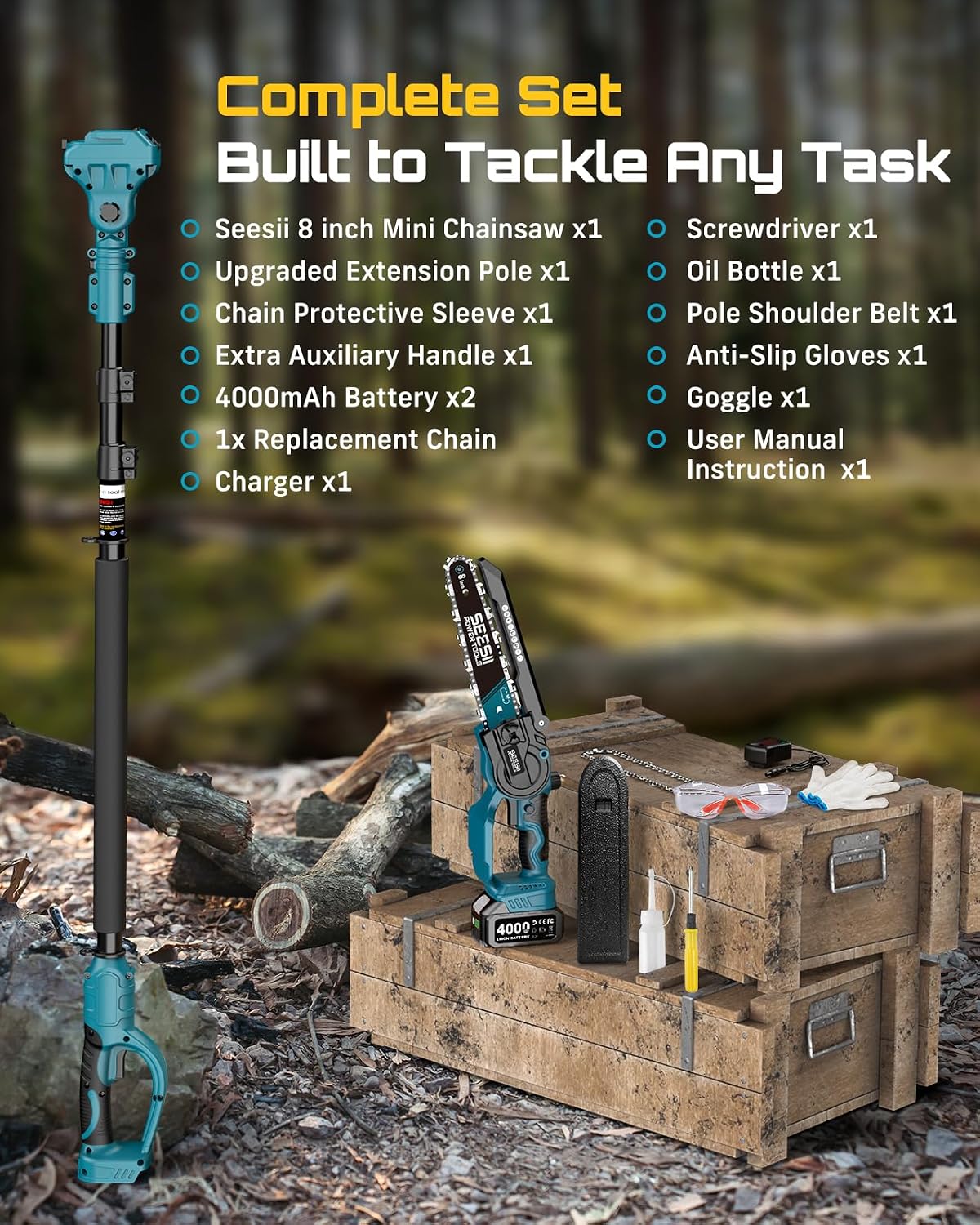 SEESII 2 in 1 Cordless 8 inch Pole Saw & Mini Chainsaw with 2 Battery, Power Electric Polesaw for Tree Trimming, Chain Saw with Extension Pole, Limb Branch Cutter Pruner P8 Ace
