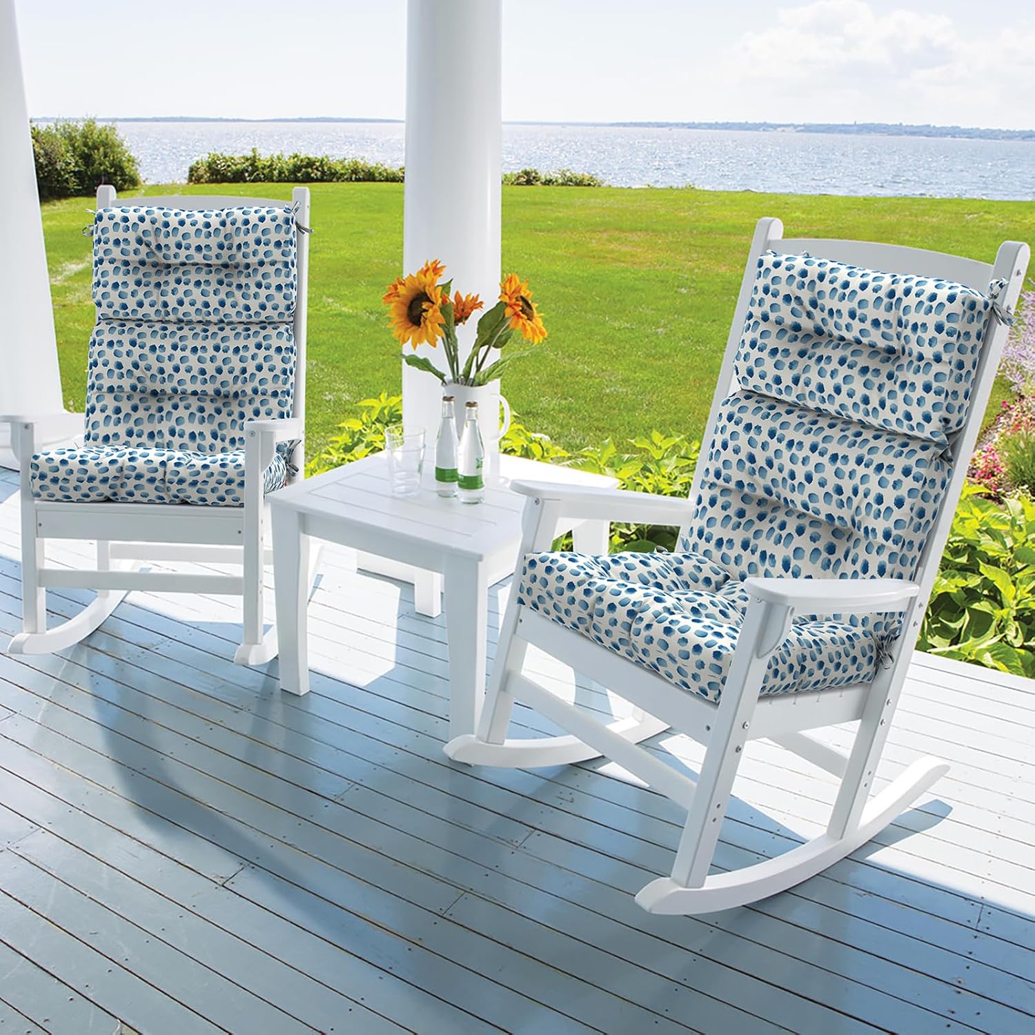 DYTXIII Outdoor High Back Chair Cushions Set of 2, Water Repellent Tufted Rocking Seat Cushions Replacement 44 x 22 Inch, Seat & Back Chair Pads for Patio, Balcony and Indoor Use -Brush Blue
