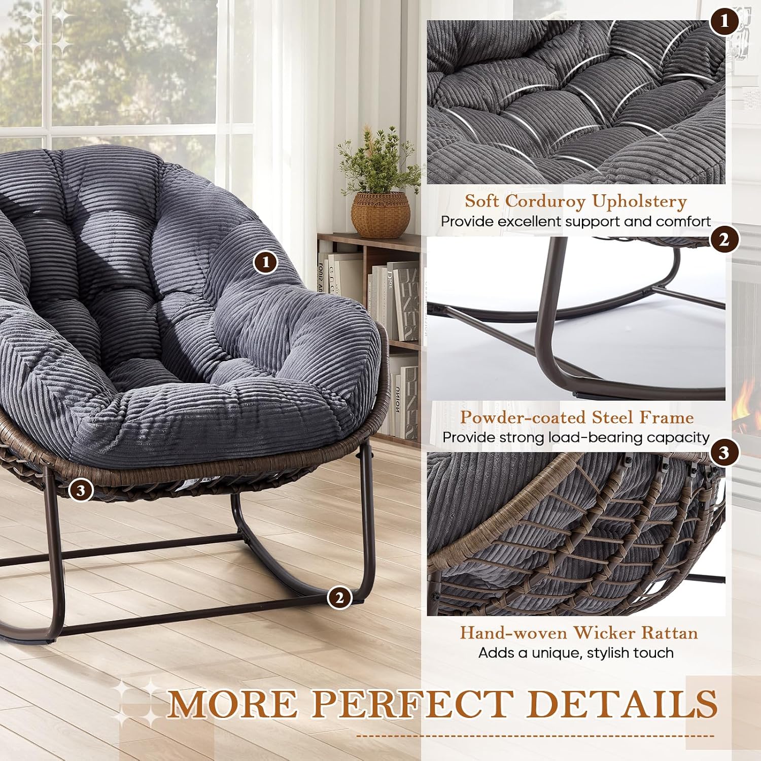Outdoor Indoor Rocking Chair with Padded Cushion, Oversized Patio Papasan Rocking Egg Chair, All Weather Wicker Egg Rocking Chair, Comfy Large Rattan Rocker Lounge Chair for Front Porch,Garden, Patio