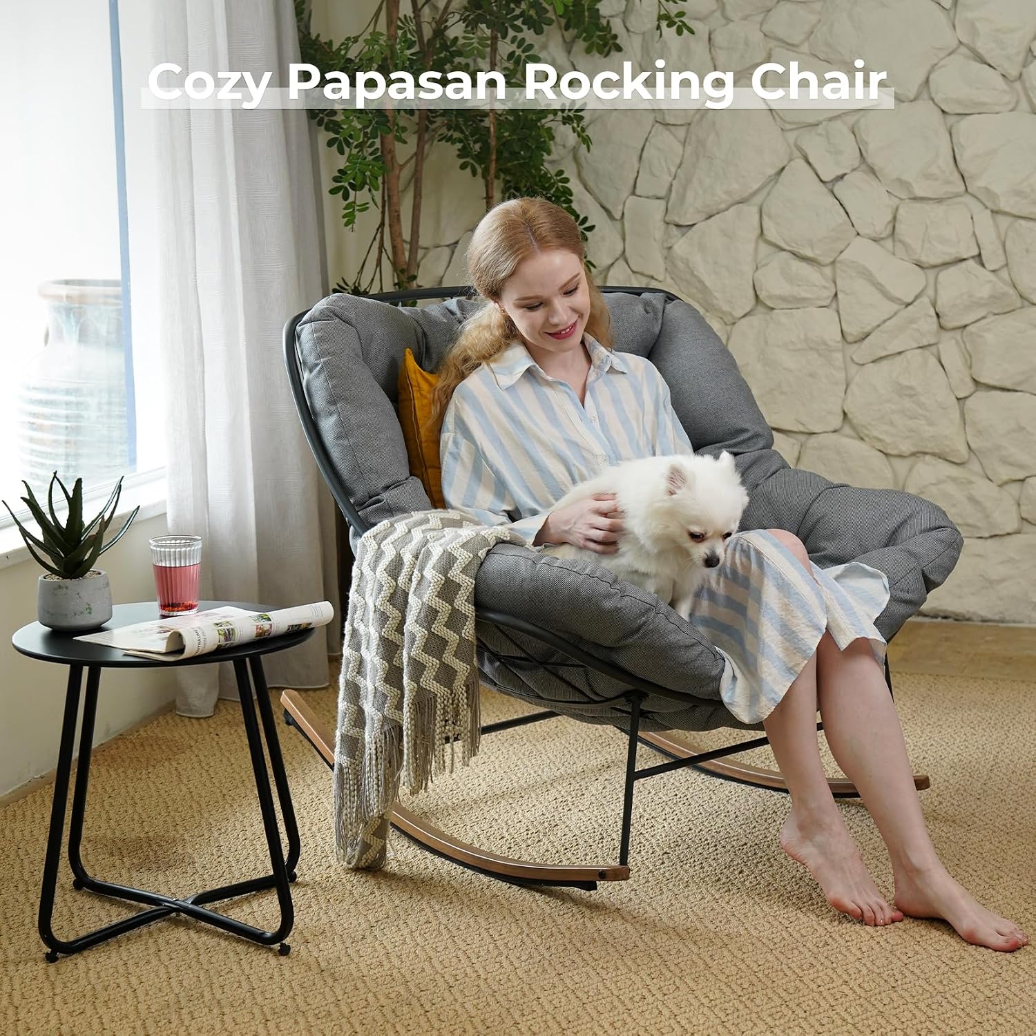 Grand patio Rocking Chair Indoor with Thick Cushion, Oversized Metal Papasan Rocking Chair for Living Room