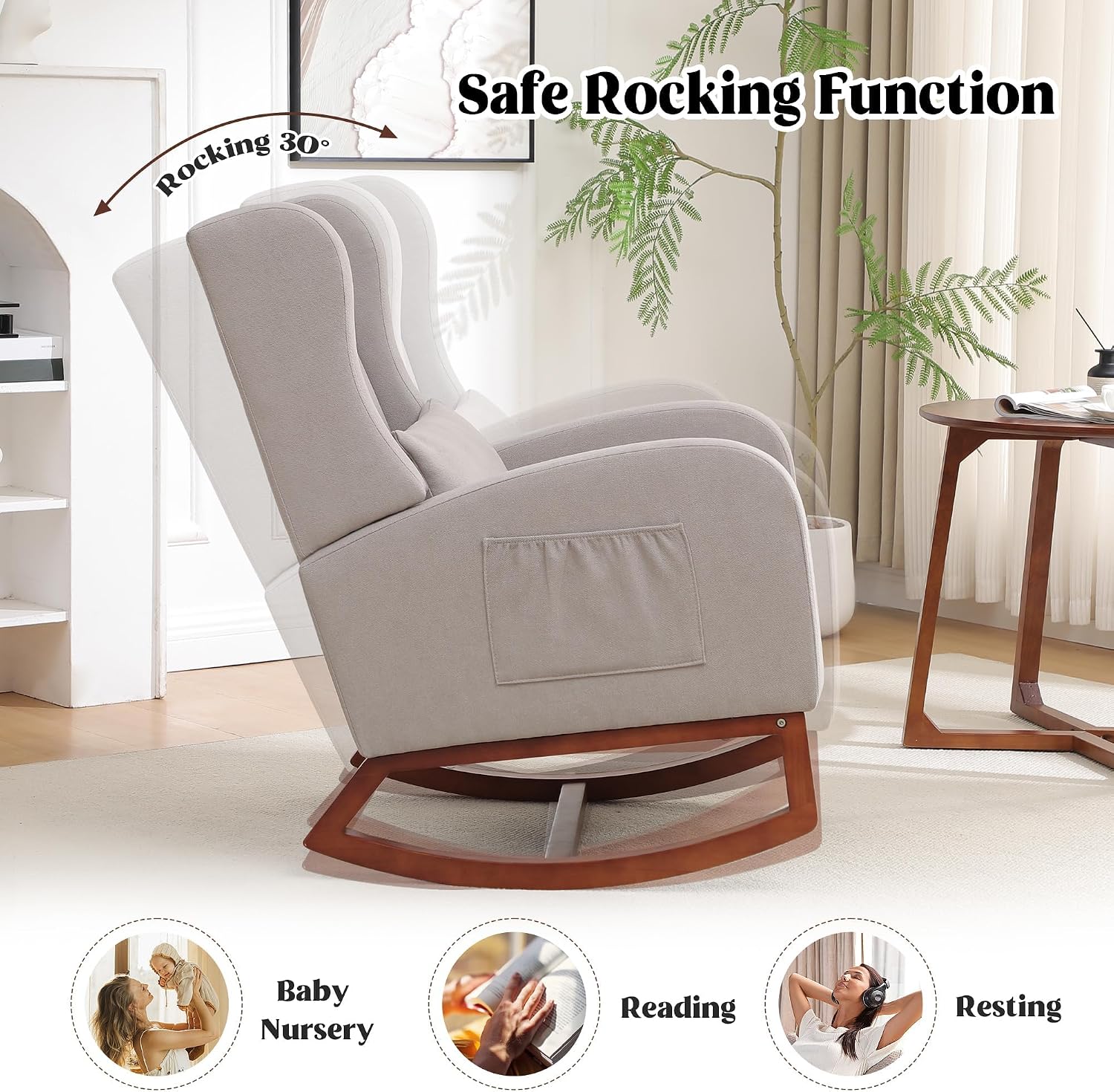HCHAIRH Rocking Chair Nursery, Nursery Rocking Chairs with Foot Rest, Comfy Glider Rocker Nursing Chair with Back Pillow for Nursing, Living Room, Bedroom, Light Grey