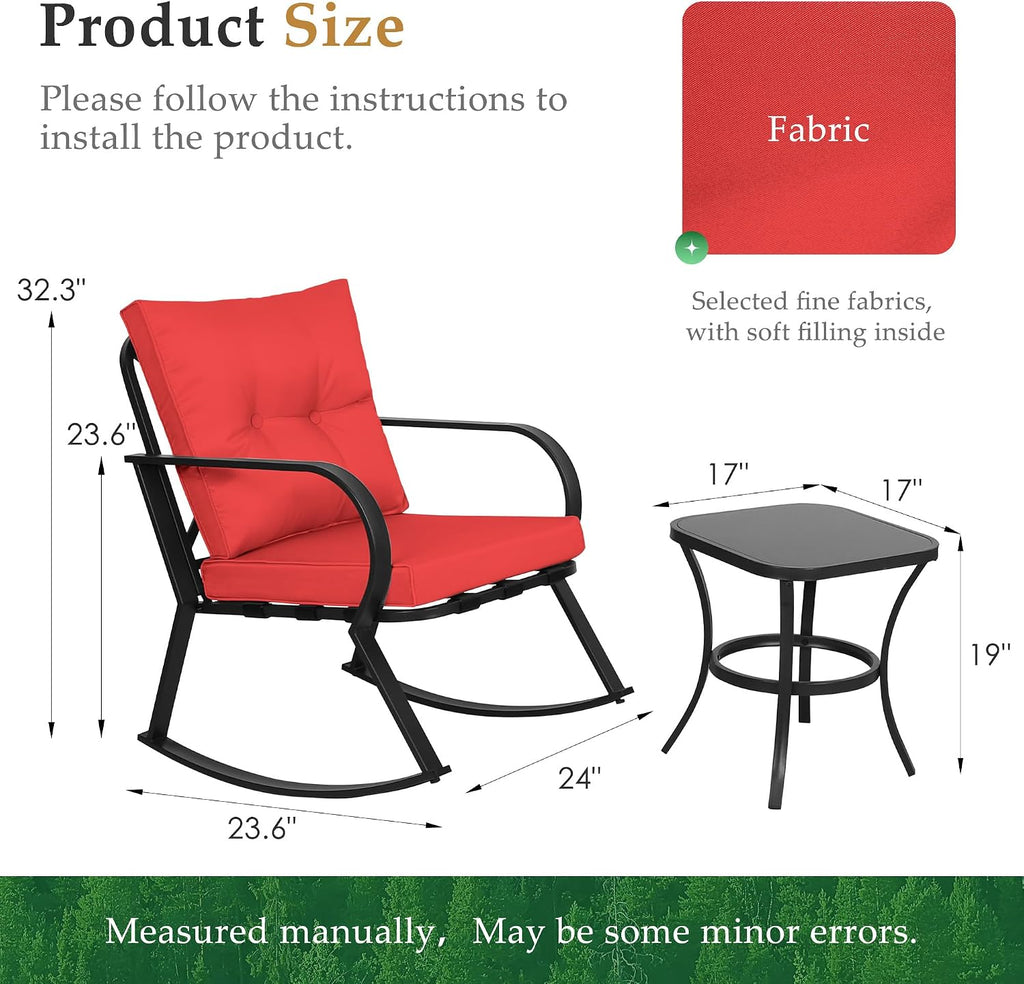 Oakcloud Oakmont Outdoor Furniture 3 Piece Conversation Bistro Set Rocking Chairs and Glass Top Table, Thick Cushions, Black Steel (Red)