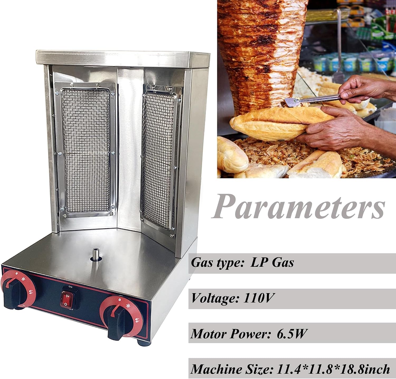 Gas Grill Machine Vertical Kebab Gyro Griller Stainless Steel Grill Rotating Oven with 2pcs Burners Temperature Controllable 110V Meat Roasting Machine for Commercial and Home Use