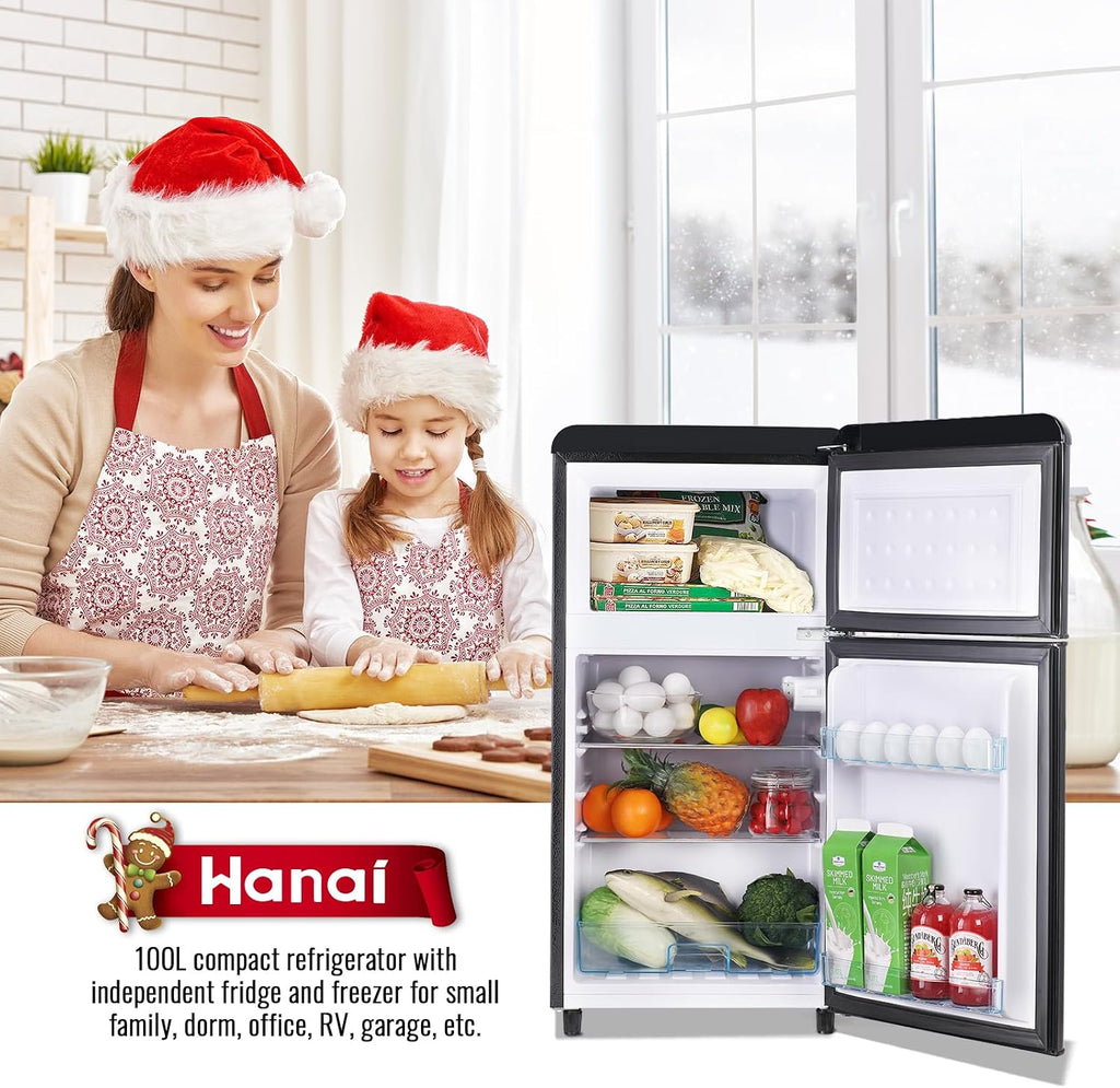 WANAI 3.5 Cu.ft Retro Mini Fridge with Freezer Compact Refrigerators Black Small Fridge Dual Door Classic Refrigerator Removable Glass Shelves Adjustable Thermostat for Home Office Dorm RV