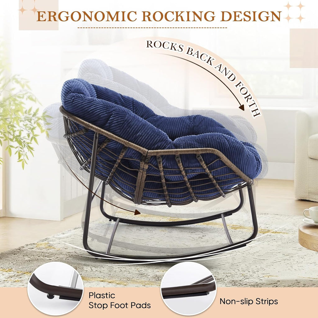 Outdoor Indoor Rocking Chair with Padded Cushion, Oversized Patio Papasan Rocking Egg Chair, All Weather Wicker Egg Rocking Chair, Comfy Large Rattan Rocker Lounge Chair for Front Porch,Garden, Patio