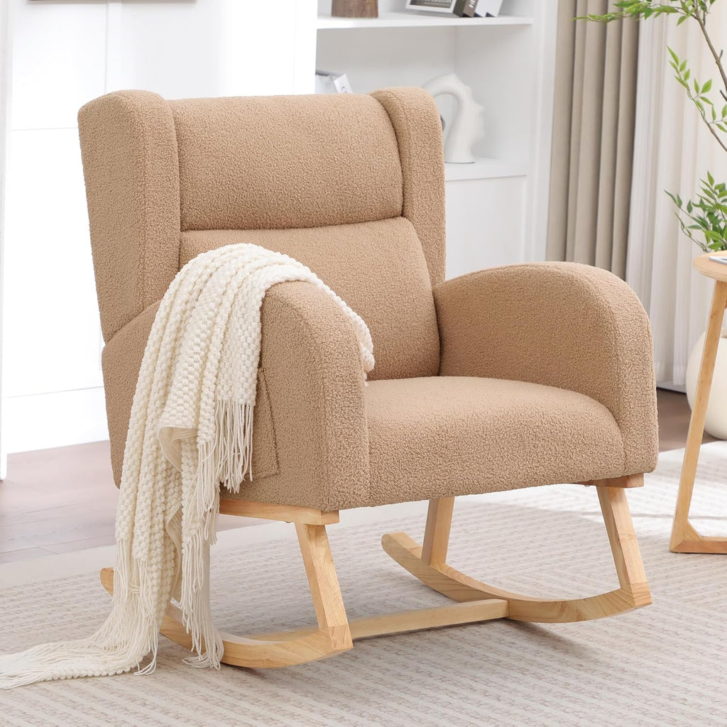 Rocking Chair Nursery,Teddy Nursery Rocking Chairs, Wingback Rocker for Nursery for Living Room Bedroom(Teddy Khaki)
