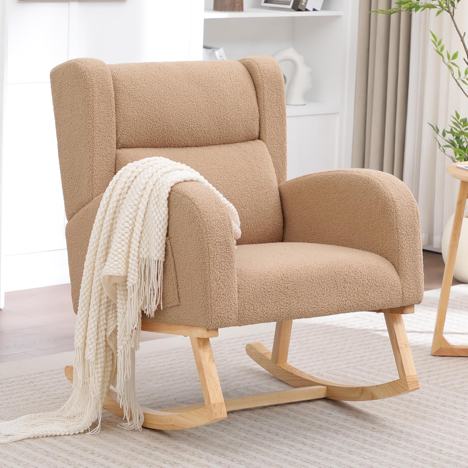 Rocking Chair Nursery,Teddy Nursery Rocking Chairs, Wingback Rocker for Nursery for Living Room Bedroom(Teddy Khaki)