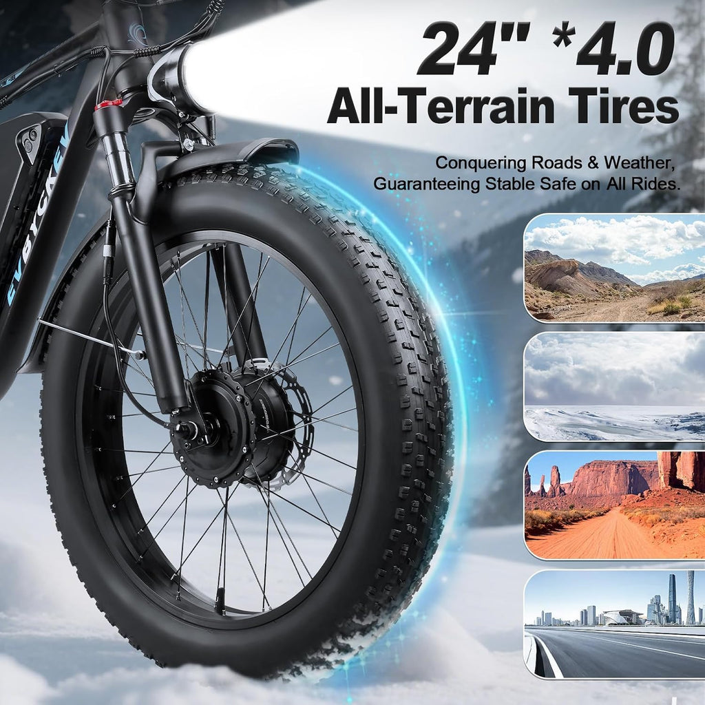 9000W Peak Dual Motor Electric Bike,52V 34Ah 1972Wh Ebike for Adults,42-47MPH Fast Ebike,Up to 105Miles 24' x4.0 Fat Tire Full Suspension Mountain Hunting E Bicycle for Sand Beach Off-Road