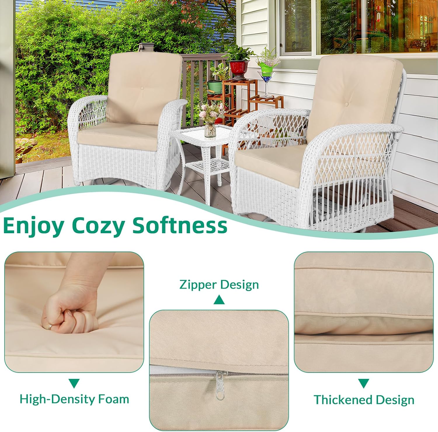 VIVIJASON 3-Piece Patio Conversation Bistro Set, Outdoor Swivel Glider Rocking Chairs Rattan Furniture Set w/ 2 Rattan Chairs, Glass Top Side Table for Porch Backyard, White - Beige