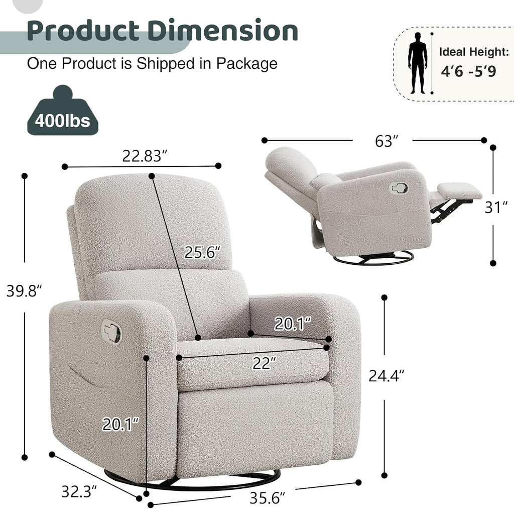 Swivel Rocker Recliner, Oversized Teddy Manual Nursery Glider Rocking Recliner with Removable Cushion, Upholstered Boucle Swivel Reclining Chair for Nursery Living Room Bedroom, Teddy Gray
