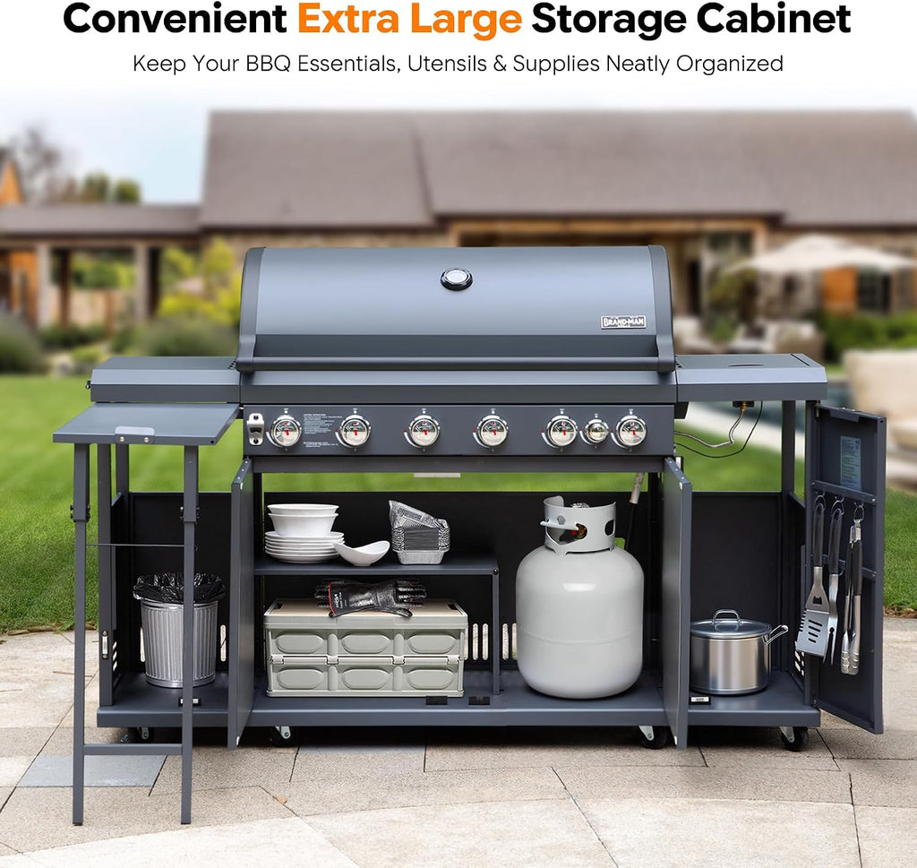 Brand-Man 6-Burner Gas Outdoor Kitchen Grill Island with Side Burner - 72,000 BTU Stainless Steel BBQ Grill Station with Storage Cabinets, Fold-out Prep Table, LPG/NG Convertible, Gray