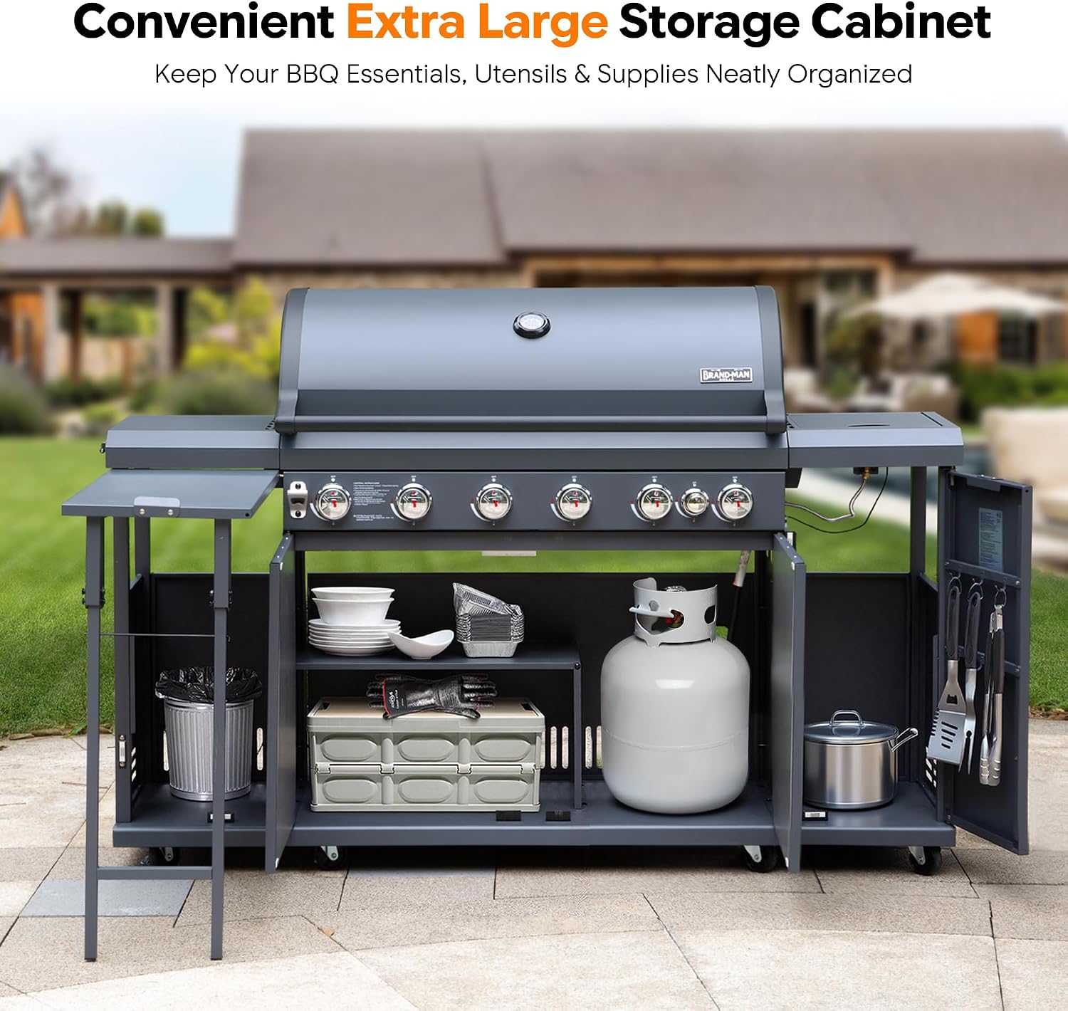 Brand-Man 6-Burner Gas Outdoor Kitchen Grill Island with Side Burner - 72,000 BTU Stainless Steel BBQ Grill Station with Storage Cabinets, Fold-out Prep Table, LPG/NG Convertible, Gray