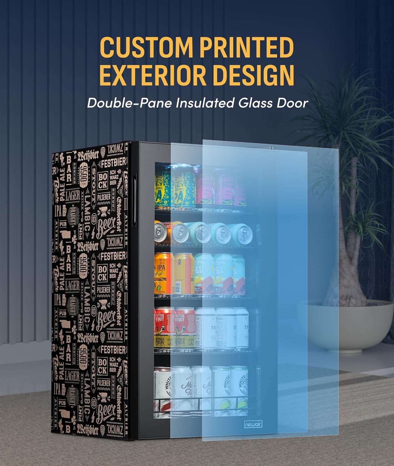 NewAir 126 Can Beverage Refrigerator | Freestanding Mini Fridge for Home Bar or Office | SplitShelf Storage, 32°F Cooling & LED Lighting | 'Beers of the World' Design