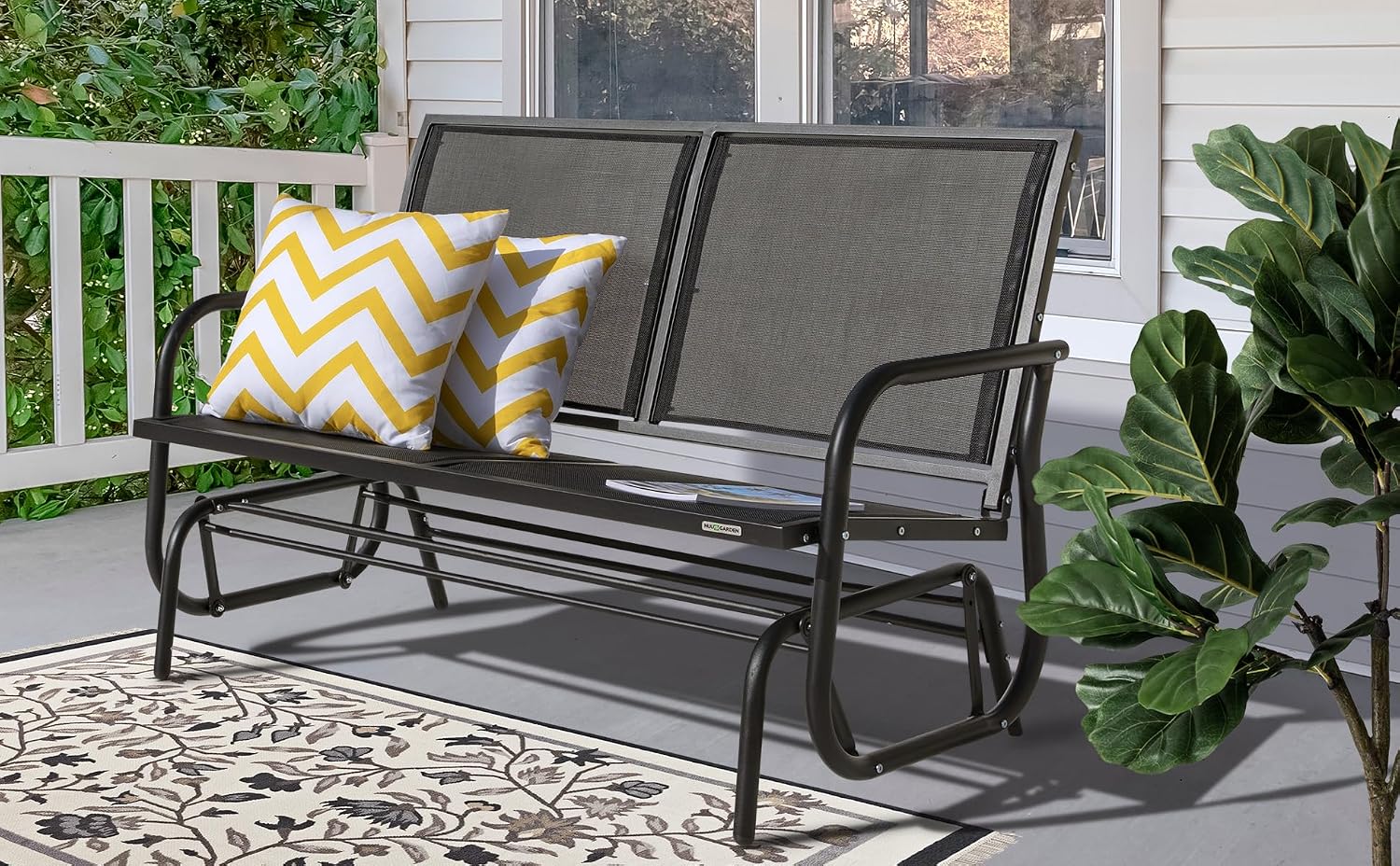 NUU GARDEN Porch Glider Heavy Duty 529 LBS, Iron Patio Glider Chairs Bench, 2-Seater for Backyard, Poolside, Garden, Black