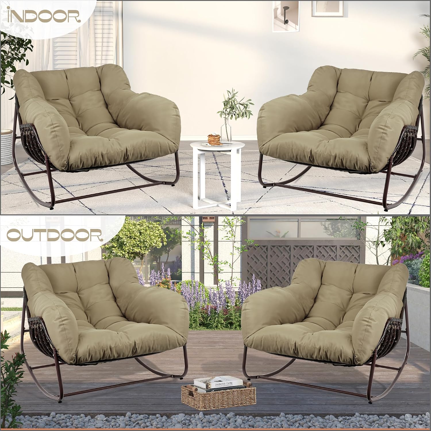 Outdoor Papasan Rocking Chair, Oversized Patio Rocking Chairs with Padded Cushion& Pillow-Comfortable Rocker Egg Chair for Front Porch, Garden, Patio, Backyard,2PC,Khaki