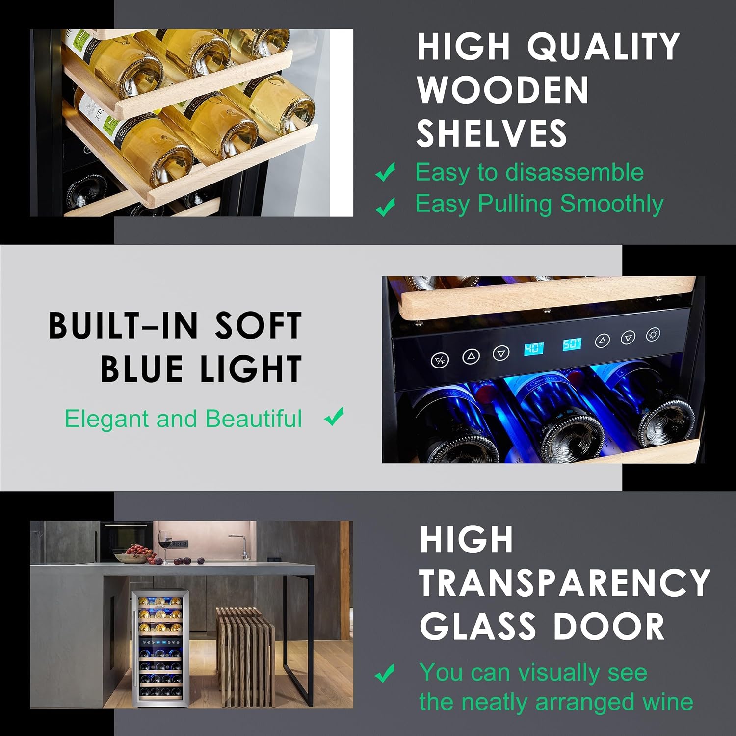 Wine Fridge 15/16 Inch 33 Bottle Dual Zone Wine Cooler, 40-66℉ Freestanding Glass Door Wine Refrigerator with 7 Wooden Shelves, Blue LED Light for Red/White