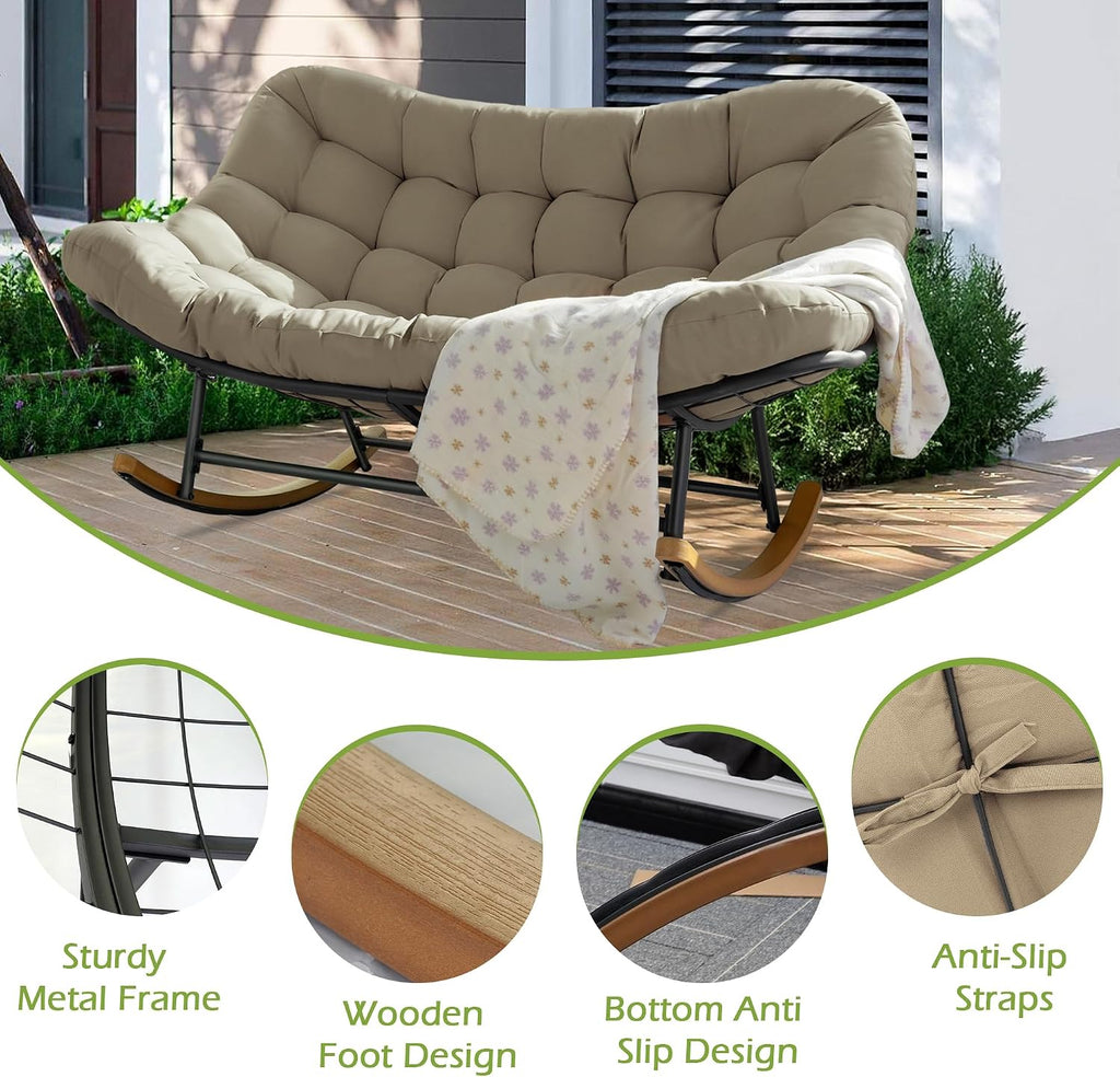 Double Papasan Rocking Chair Outdoor & Indoor, 660LBS Capacity Oversized Patio Rocking Chair for 2-Person with Thick Cushion and Frame,Egg Rocking Chair for Garden, Deck, Living Room,Brown