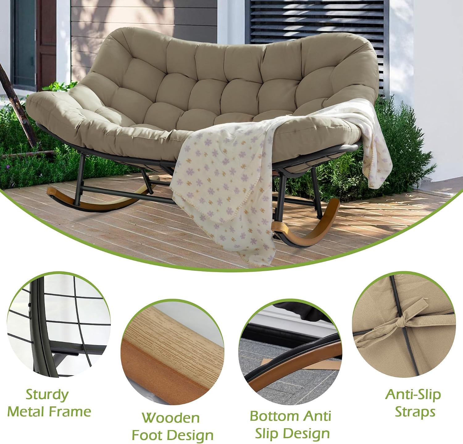 Double Papasan Rocking Chair Outdoor & Indoor, 660LBS Capacity Oversized Patio Rocking Chair for 2-Person with Thick Cushion and Frame,Egg Rocking Chair for Garden, Deck, Living Room,Brown