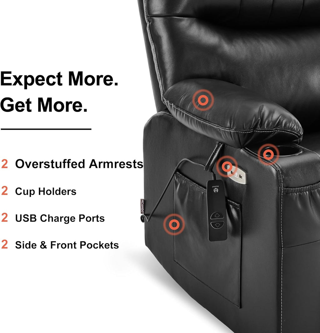 MCombo Oversized Swivel Glider Rocker Power Recliner Chair for Living Room with Heat and Vibration Massage, USB Ports, Cup Holders and Pockets, Faux Leather 7785 (Black)