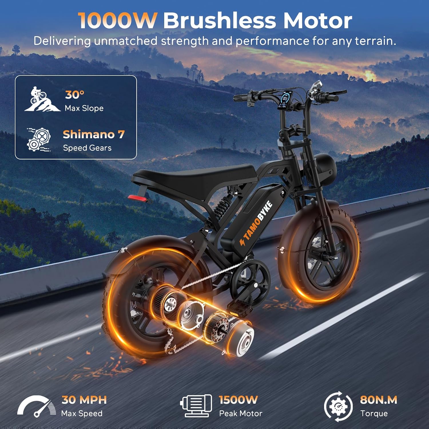 Tamobyke T16 Electric Bike for Teens & Childs, 1000W Motor 48V15.6Ah Removable Battery, 30MPH Off-Road Electric Bicycle,16'Fat Tire Ebike for Kids, 7-Speed,Dual Hydraulic Brakes, Fits Riders 5'0'-5'7'