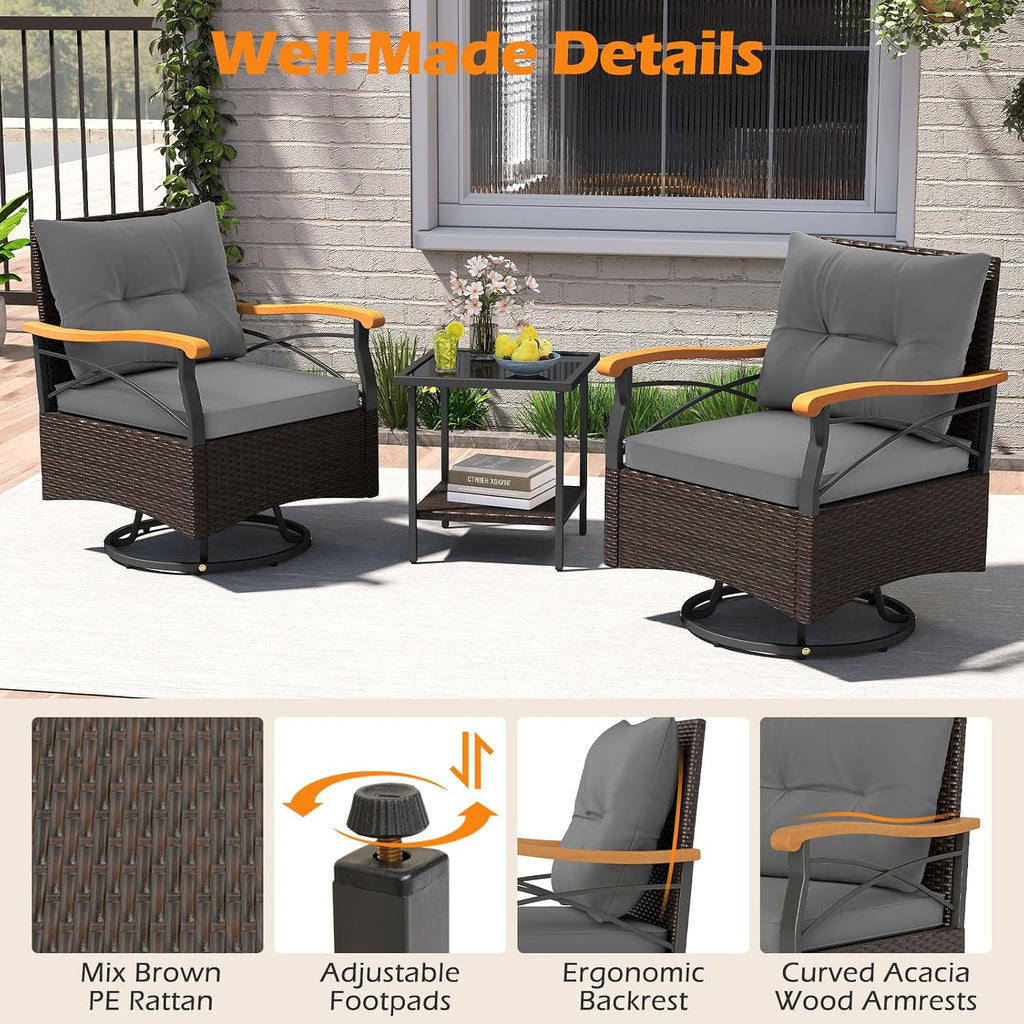 Tangkula 3 Piece Outdoor Swivel Chair Set, Patio Wicker Rotating Cushioned Chairs with 2-Tier Tempered Glass Side Table, for Porch, Yard, Balcony, Garden