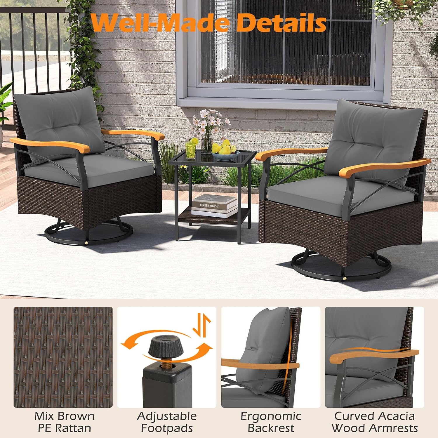 Tangkula 3 Piece Outdoor Swivel Chair Set, Patio Wicker Rotating Cushioned Chairs with 2-Tier Tempered Glass Side Table, for Porch, Yard, Balcony, Garden