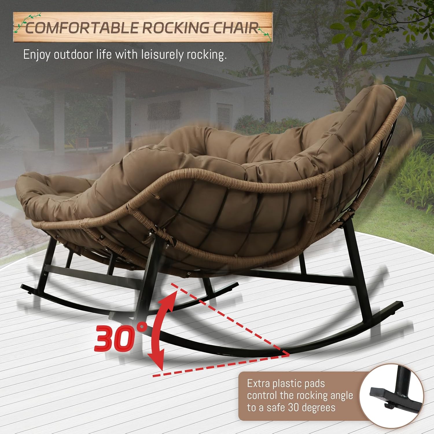 BULEXYARD Double Papasan Rocking Chair Outdoor, 2 Person Oversized Wicker Patio Egg Rocking Chair with Cushion, Heavy Duty Comfy Loveseat for Balcony, Porch, Garden (Brown, 2 Seats w/Ottoman)