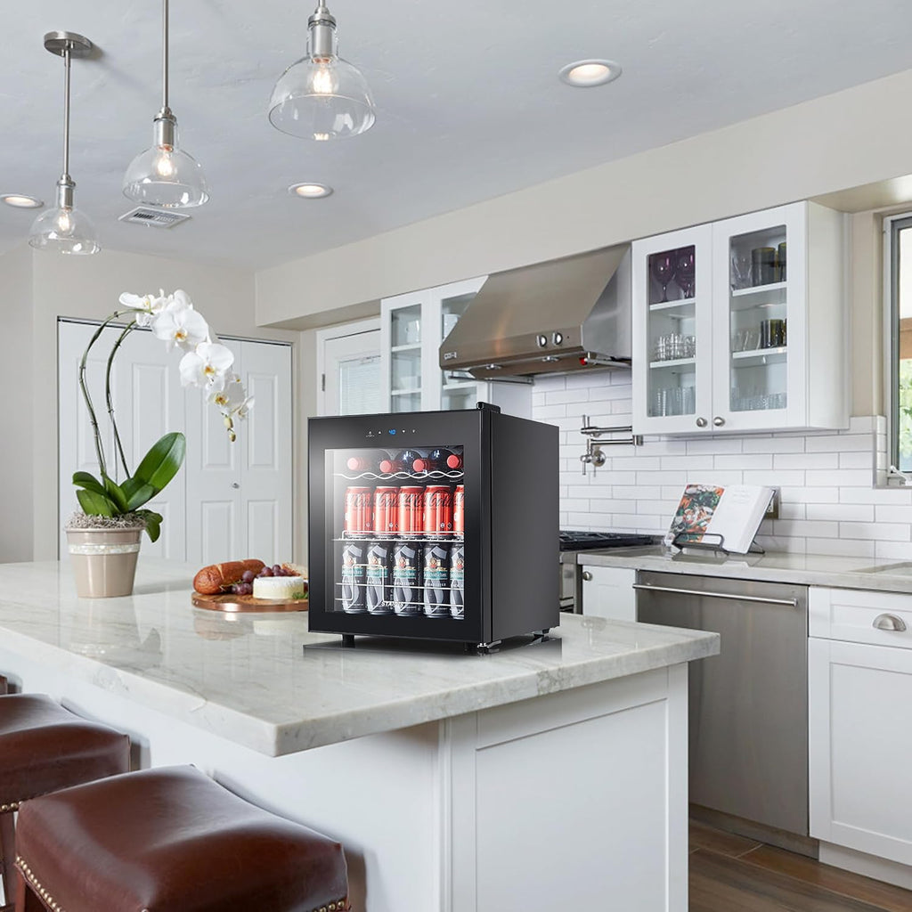 Beverage Refrigerator, 1.6 Cu.ft Mini Fridge w/ 120 Can Capacity, Small Cooler for Home - Freestanding, Glass Door Black