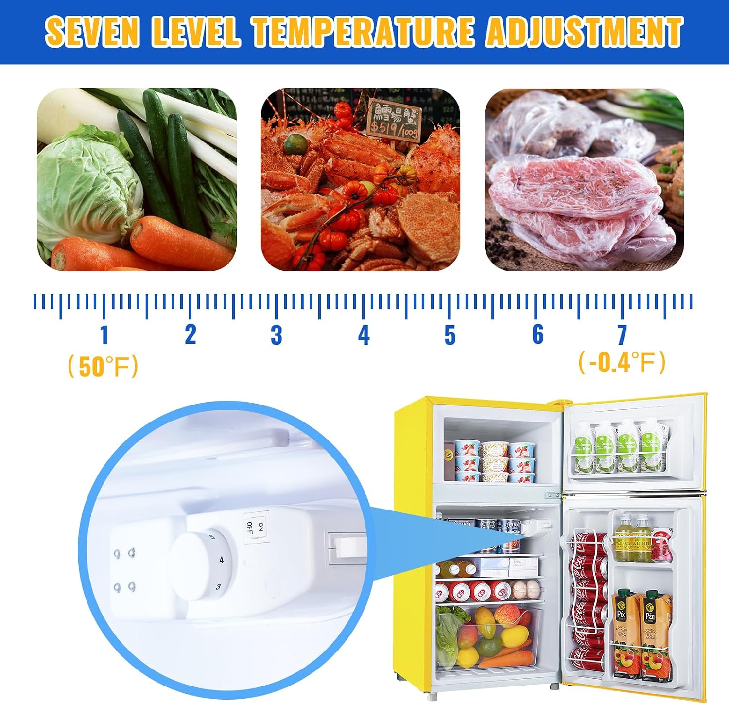WANAI 3.5 Cu.Ft Retro Refrigerator 2 Door Mini Fridge with Freezer and 2 Handles 7 Level Adjustable Thermostat Control Top-Freezer Refrigerator for Home Dorm Apartment Yellow