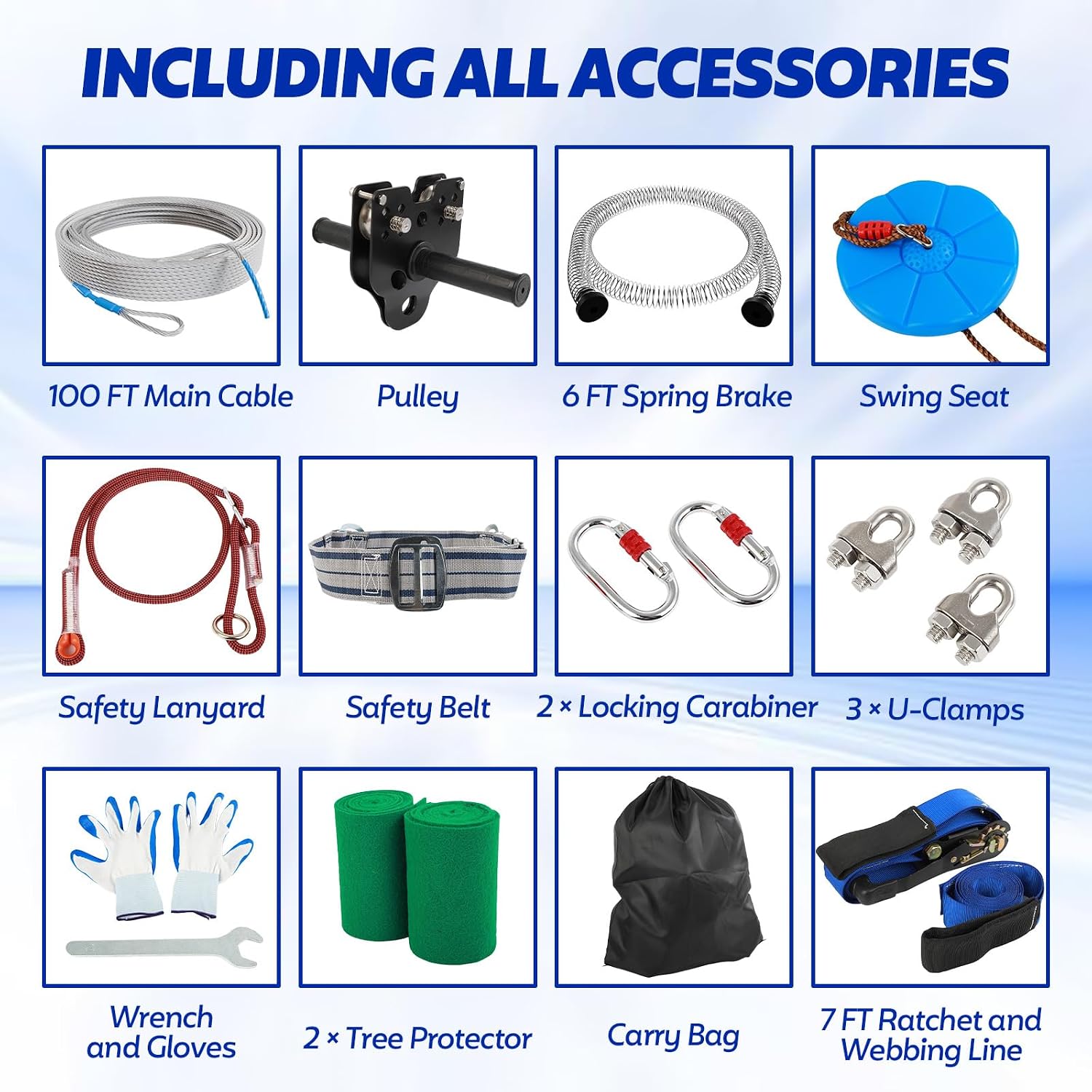 FAHKNS Zip Line Kit for Kids Adults: 100FT Up to 400 lbs - Updated Removable Design Trolley,Thickened Seat,Safety Harness,Quick Tighten Zipline Kits for Outdoor Backyard
