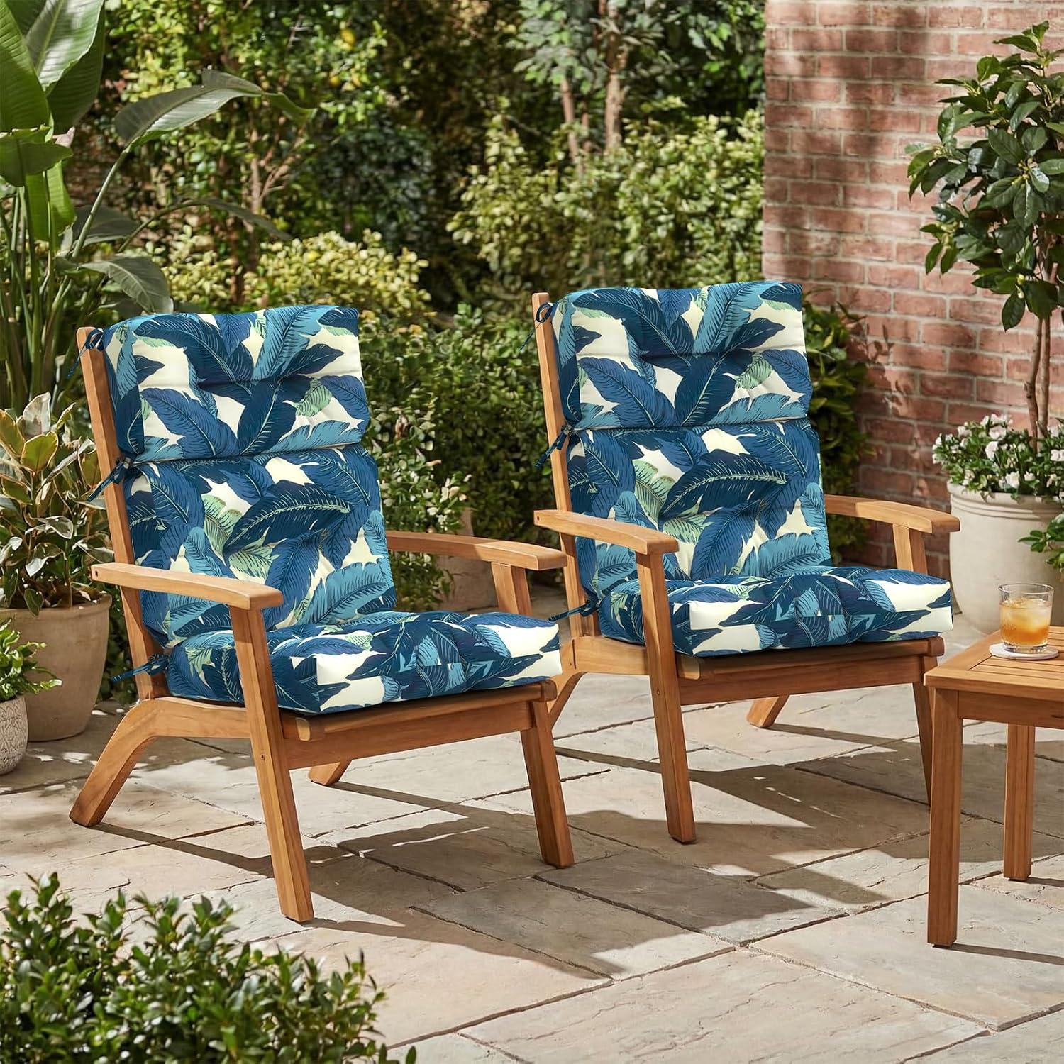 Outdoor High Back Patio Chair Cushions, Tufted Rocking Chair Cushions, Adirondack Cushions for Garden Porch Home Office Chair Use, 44' x 22' x 4', 2 Pack, Swaying Palms Blue