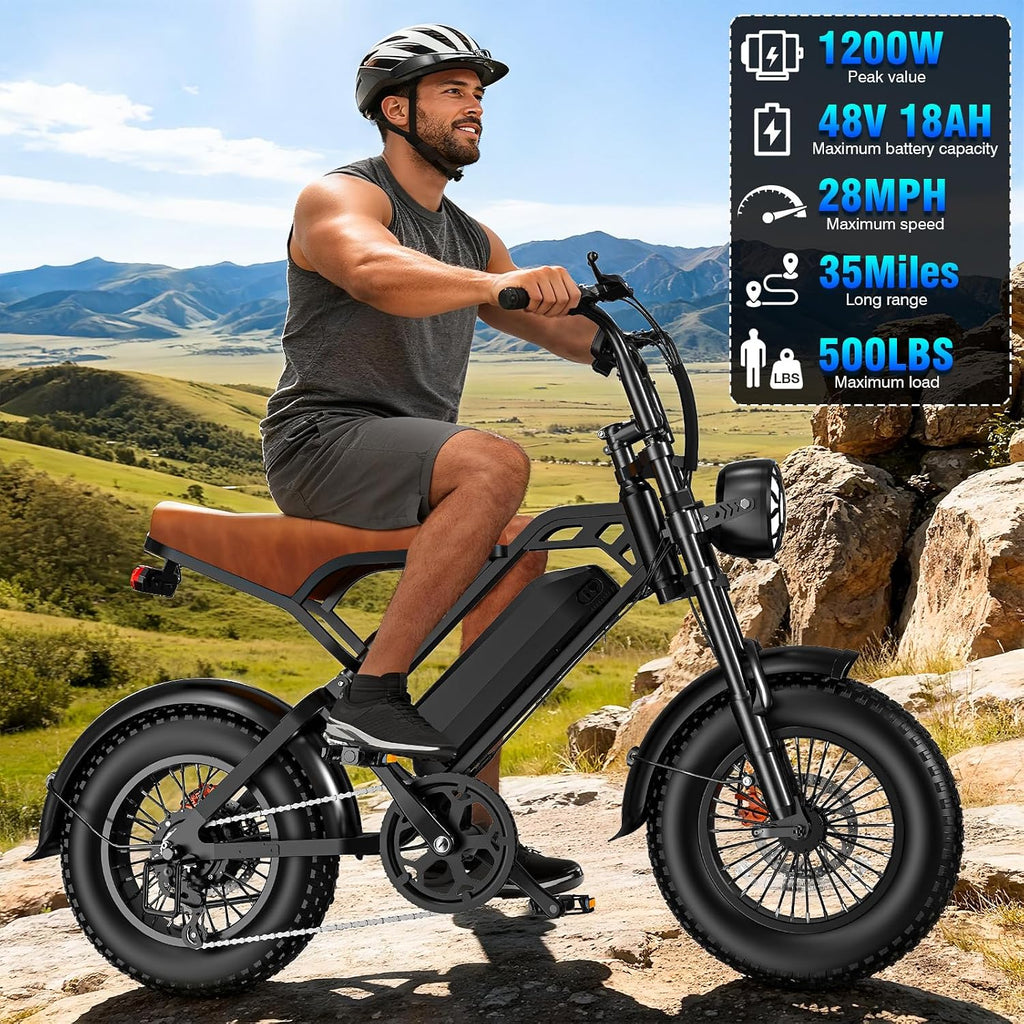 Electric Bike for Adults, 1200W Peak Power Ebike, 28MPH, 48V 18Ah Removable Battery, 35-Mile Range, 500LBS Load, 16'' Fat Tire Electric Dirt Bikes, Electric Mountain Bicycles for All-Terrain