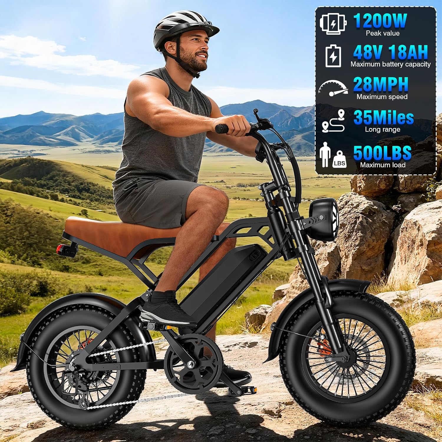 Electric Bike for Adults, 1200W Peak Power Ebike, 28MPH, 48V 18Ah Removable Battery, 35-Mile Range, 500LBS Load, 16'' Fat Tire Electric Dirt Bikes, Electric Mountain Bicycles for All-Terrain