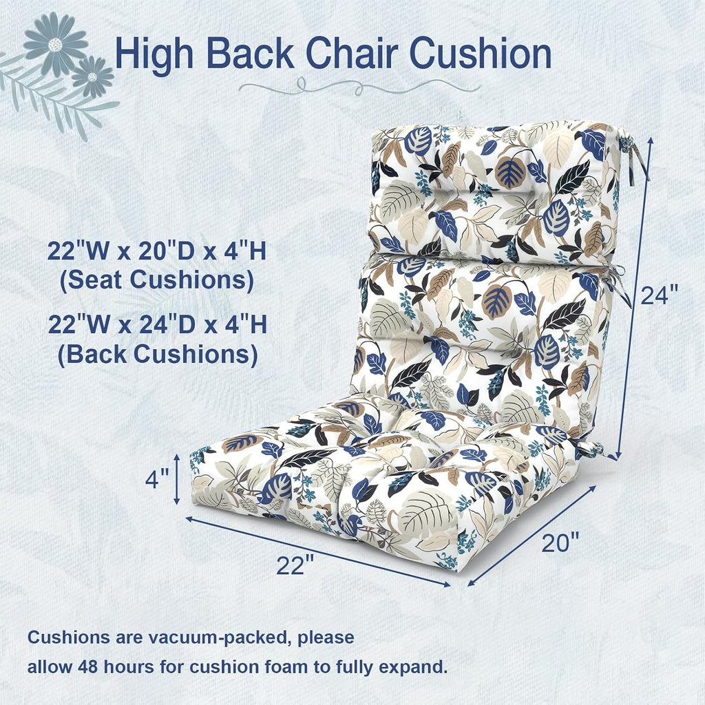 Outdoor High Back Chair Cushions Set of 2, Waterproof Chair Cushions for Patio Home Garden, Replacement Rocking Chair Cushion with tie 22' W x 20' D, Breeze Leaves Beige