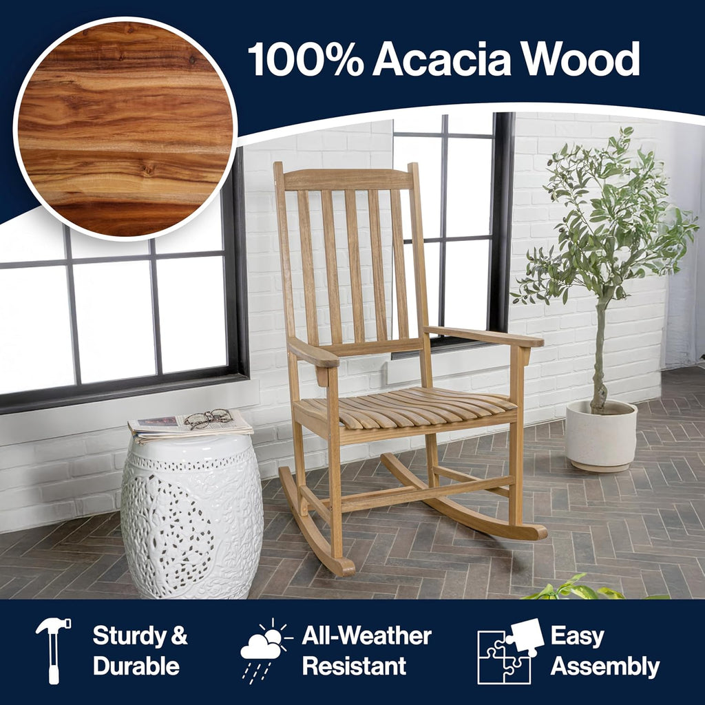 JONATHAN Y RCK300A Seagrove Farmhouse Classic Slat-Back 350-LBS Support Acacia Wood Outdoor Rocking Chair Traditional, Coastal, Cottage, Vintage, Shabby Chic, Teak Brown