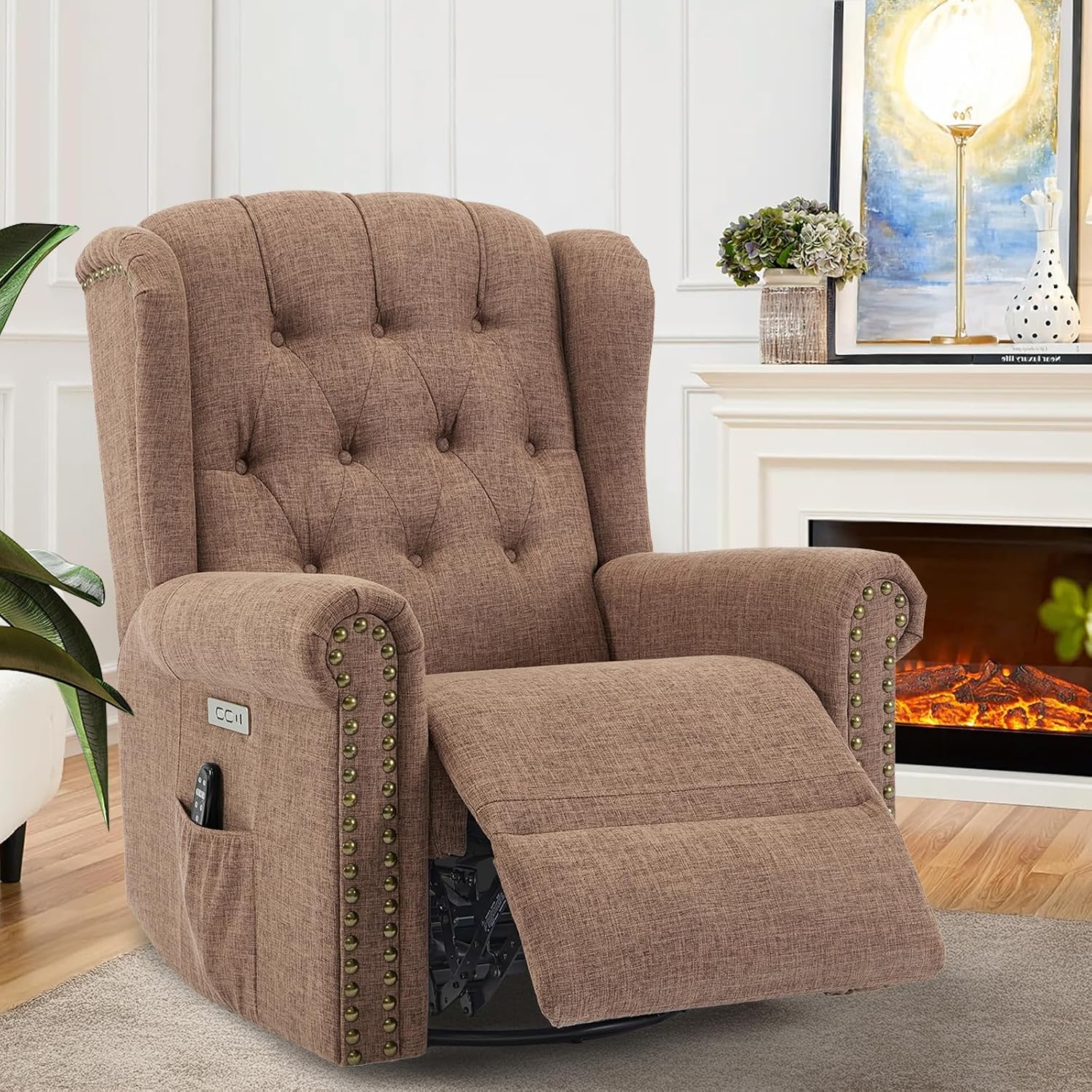VIVIJASON Power Swivel Rocking Recliner Chair with Massage & Heat, Electric Rocker Nursery Glider Chair, Wingback Tufted Upholstered Recliner W/Type-C & USB Ports for Living Room, Bedroom, Brown
