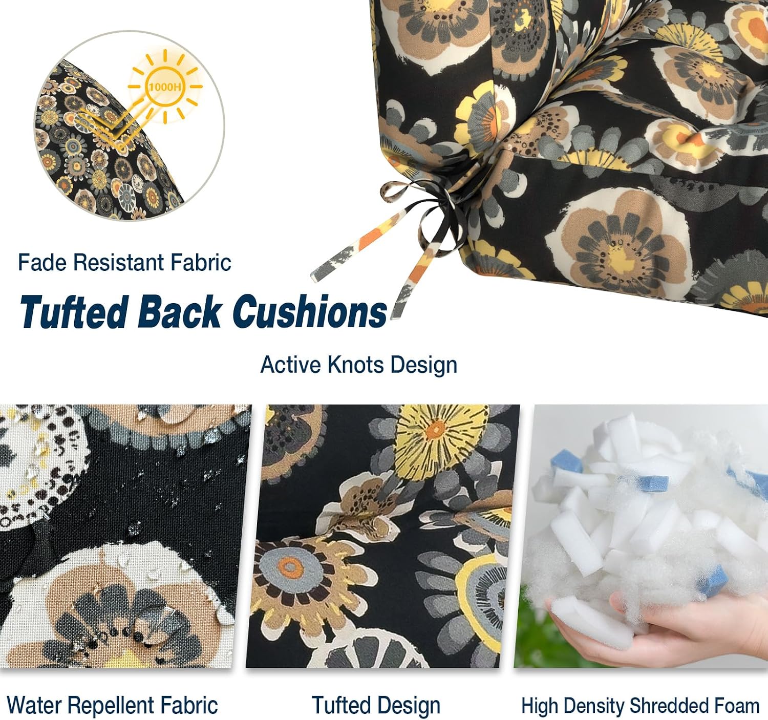 Outdoor Seat Chair Cushions, Tufted Back Patio Furniture Cushions Set of 2, Water Repellent Wicker Replacement for Home Garden Chairs, 42x21x4 Inch, Black Yellow Crosby