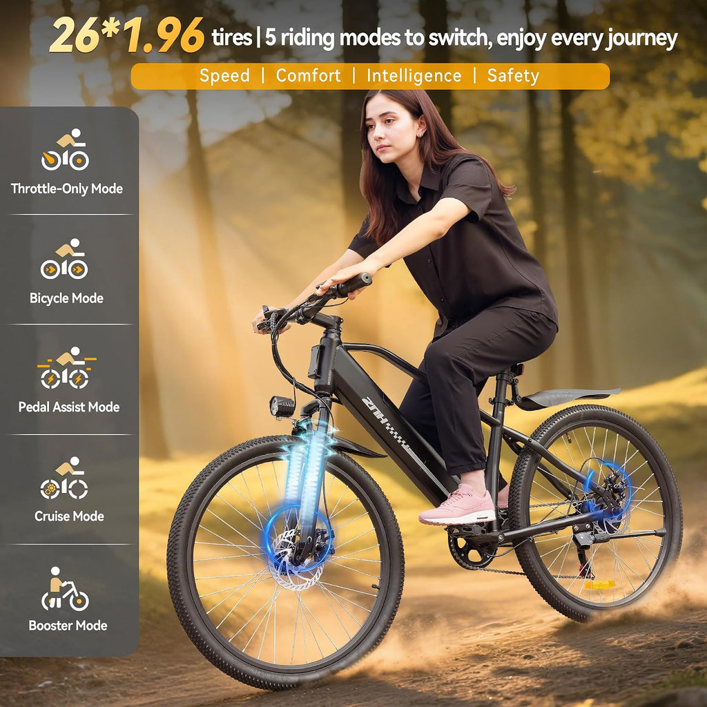 ZNH Electric Bike, 750W Peak Electric Mountain Ebike for Adults with 48V 13Ah Removable Battery, 20MPH 26'' Electric Bike - Suspension Fork, LED Display, Fat Tire Commuter Ebike, Black
