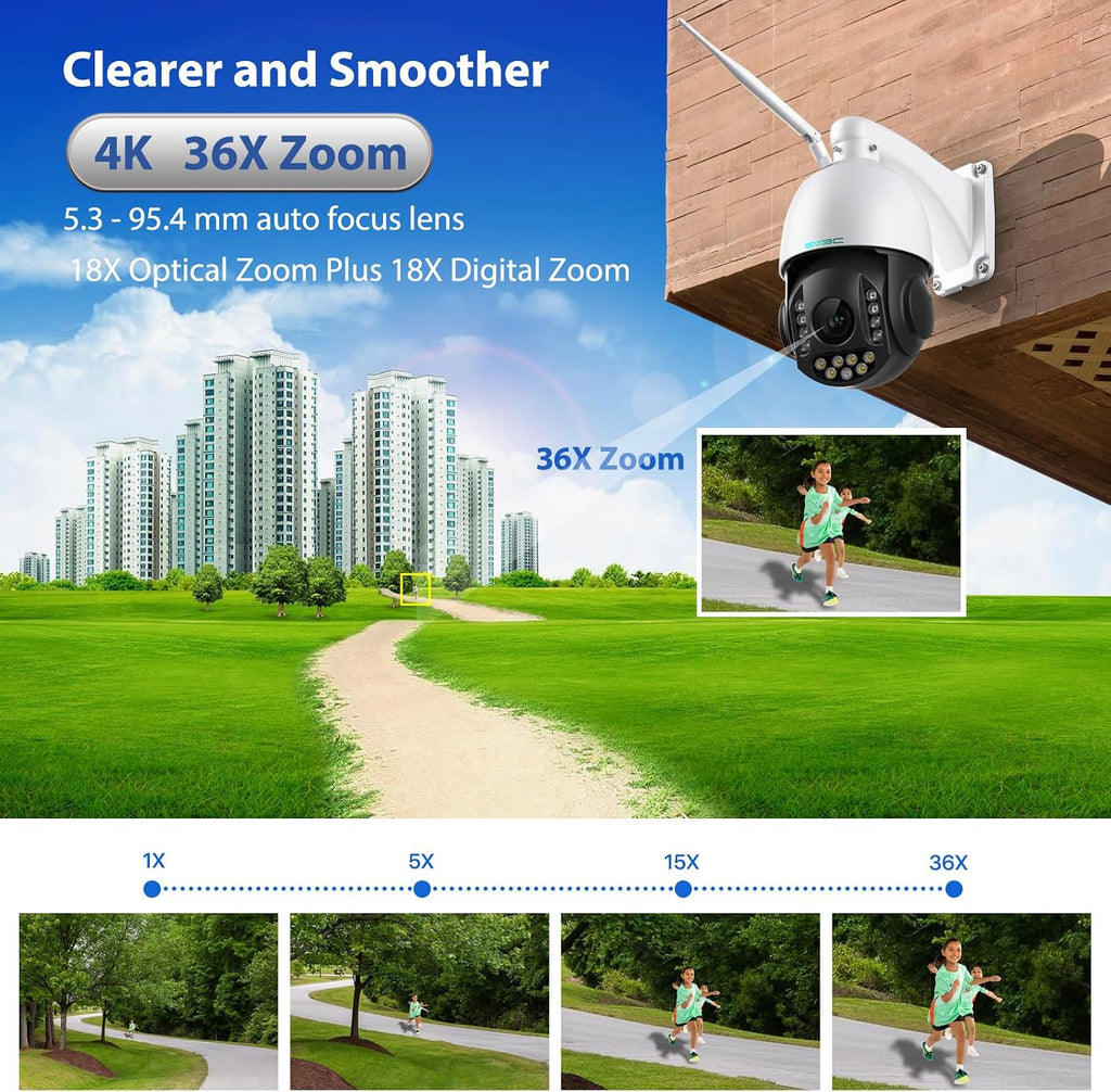 SV3C 4K 36X Zoom PTZ Camera Outdoor, 8MP Dual Band WiFi Security IP Cameras with Floodlight Color Night Vision, Humanoid Vehicle Detection, Auto Tracking,2-way Audio, ONVIF, RTSP,Cloud&SD Card Storage